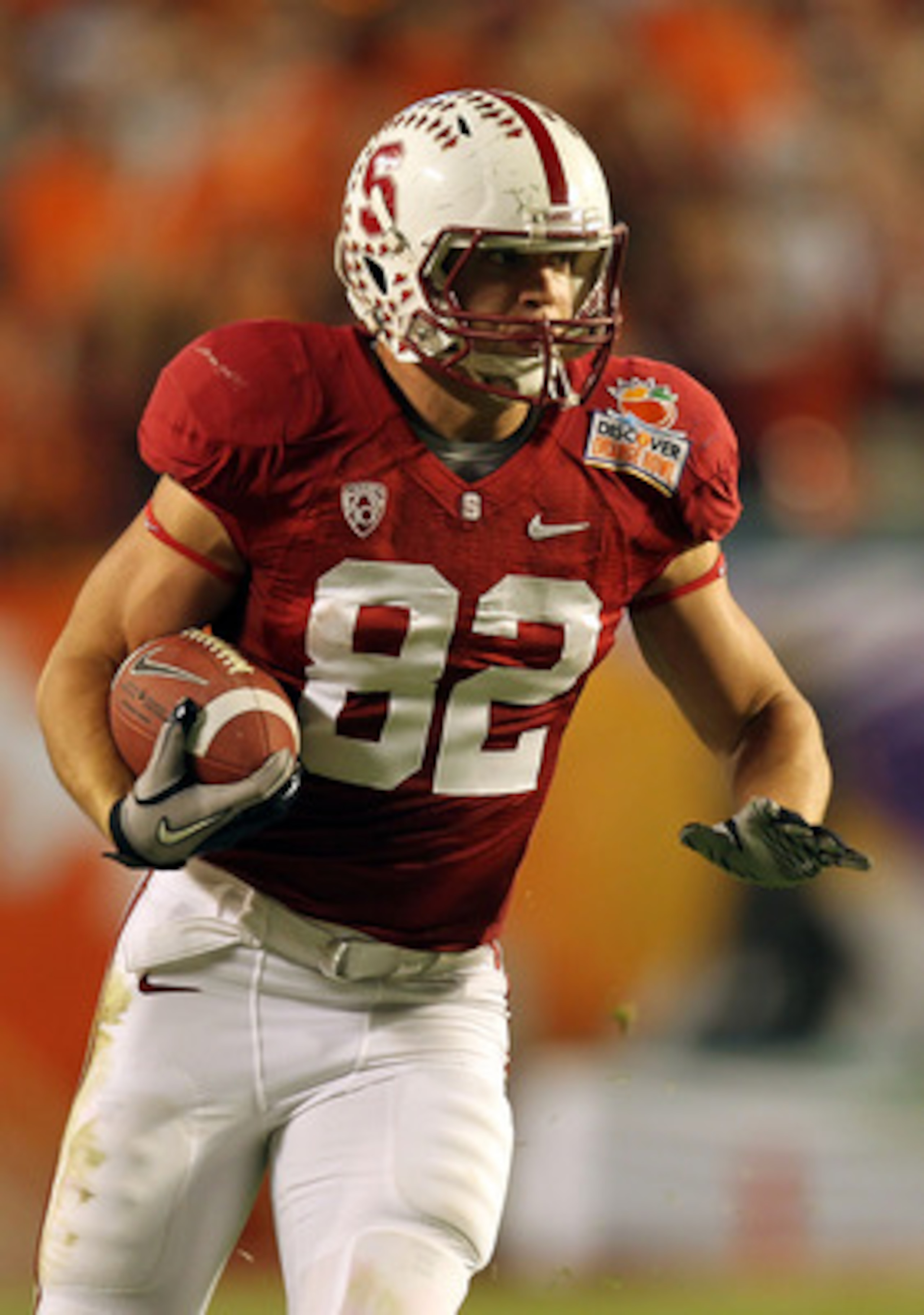 MIAMI, FL - JANUARY 03:  Coby Fleener #82 of the Stanford Cardinal runs for yards after the catch against the Virginia Tech Hokies during the 2011 Discover Orange Bowl at Sun Life Stadium on January 3, 2011 in Miami, Florida. Stanford won 40-12. (Photo by