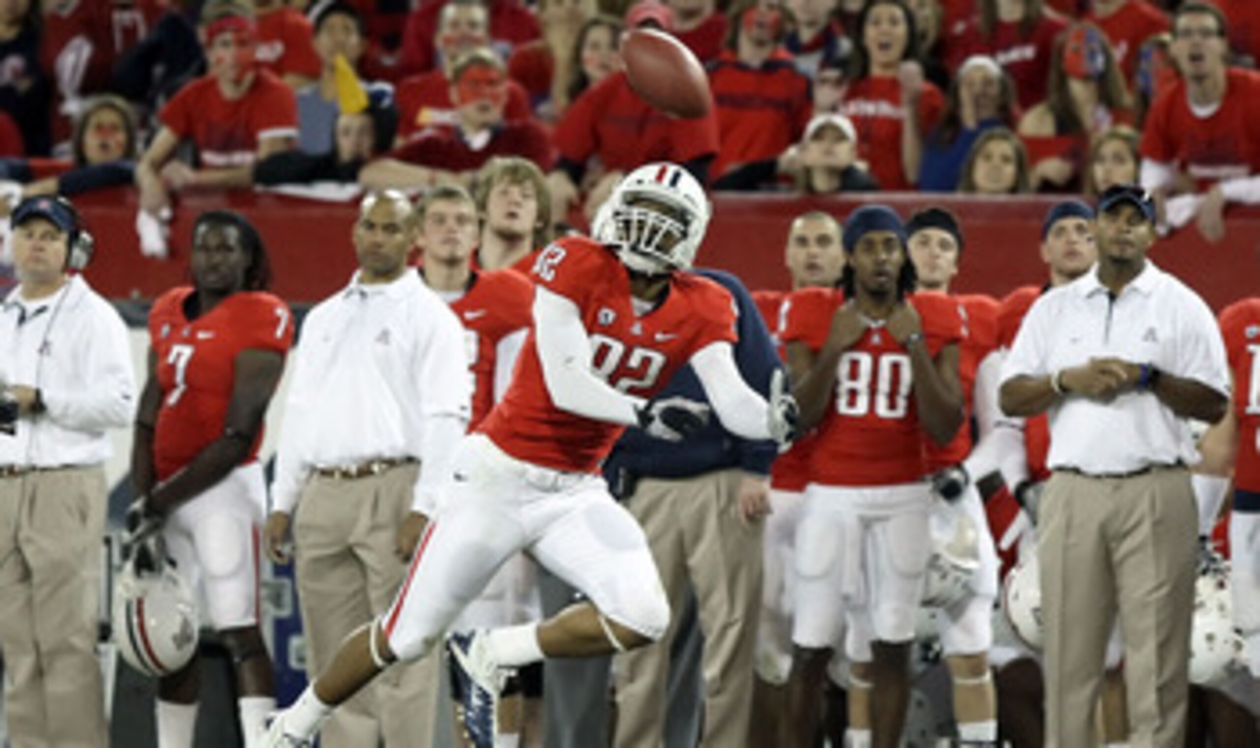 TUCSON, AZ - DECEMBER 02:  Wide receiver Juron Criner #82 of the Arizona Wildcats is unable to catch a deep pass during the college football game against the Arizona State Sun Devils at Arizona Stadium on December 2, 2010 in Tucson, Arizona.  (Photo by Ch