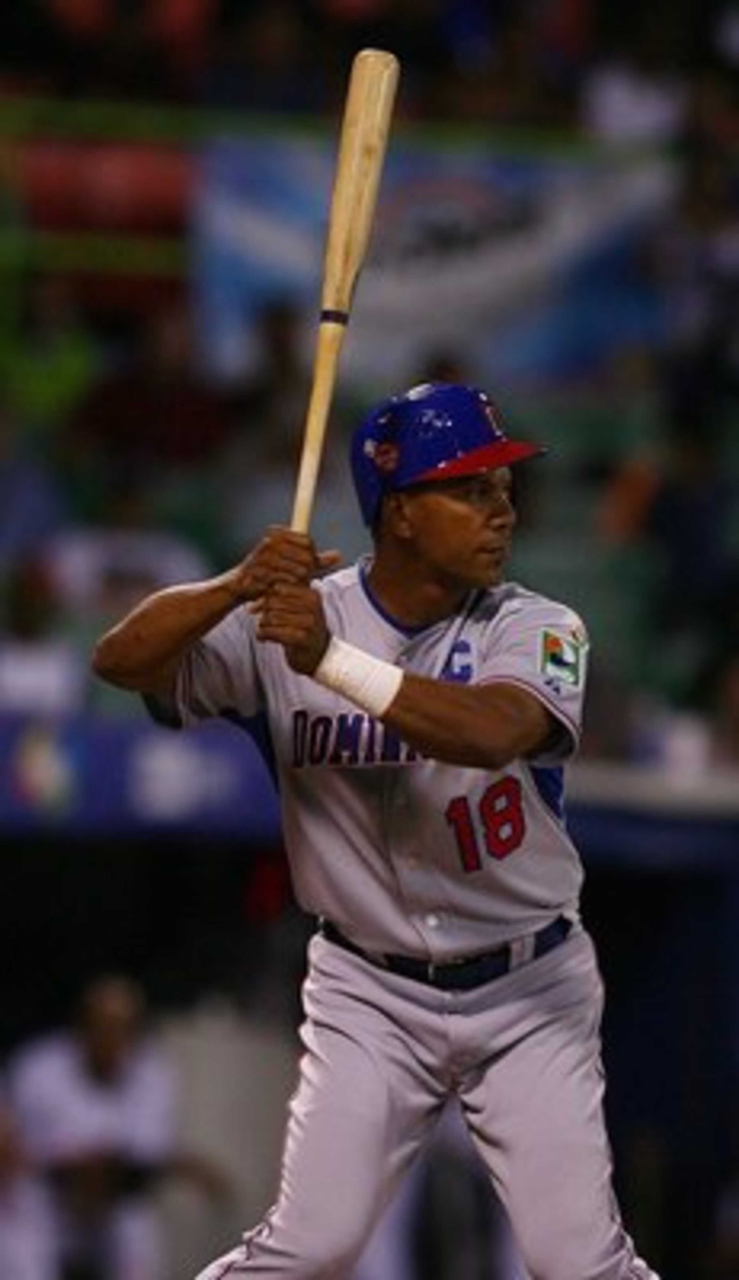 SAN JUAN, PUERTO RICO - MARCH 10:  Moises Alou #18  of The Dominican Republic bats against The Netherlands during the 2009 World Baseball Classic Pool D match on March 10, 2009 at Hiram Bithorn Stadium in San Juan, Puerto Rico.  (Photo by Al Bello/Getty I