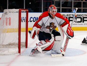 NEW YORK - MARCH 22:  Tomas Vokoun #29 of the Florida Panthers skates against the New York Rangers on March 22, 2011 at Madison Square Garden in New York City, New York. Rangers defeated the Islanders 1-0.  (Photo by Mike Stobe/Getty Images)