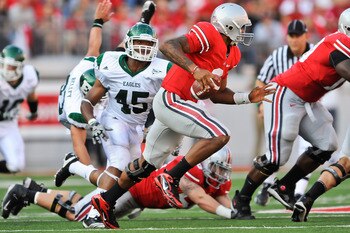 COLUMBUS, OH - SEPTEMBER 25:  Linebacker Matt Boyd #45 of the Eastern Michigan Eagles chases down quarterback Terrelle Pryor #2 of the Ohio State Buckeyes at Ohio Stadium on September 25, 2010 in Columbus, Ohio.  Ohio State won 73-20. (Photo by Jamie Saba