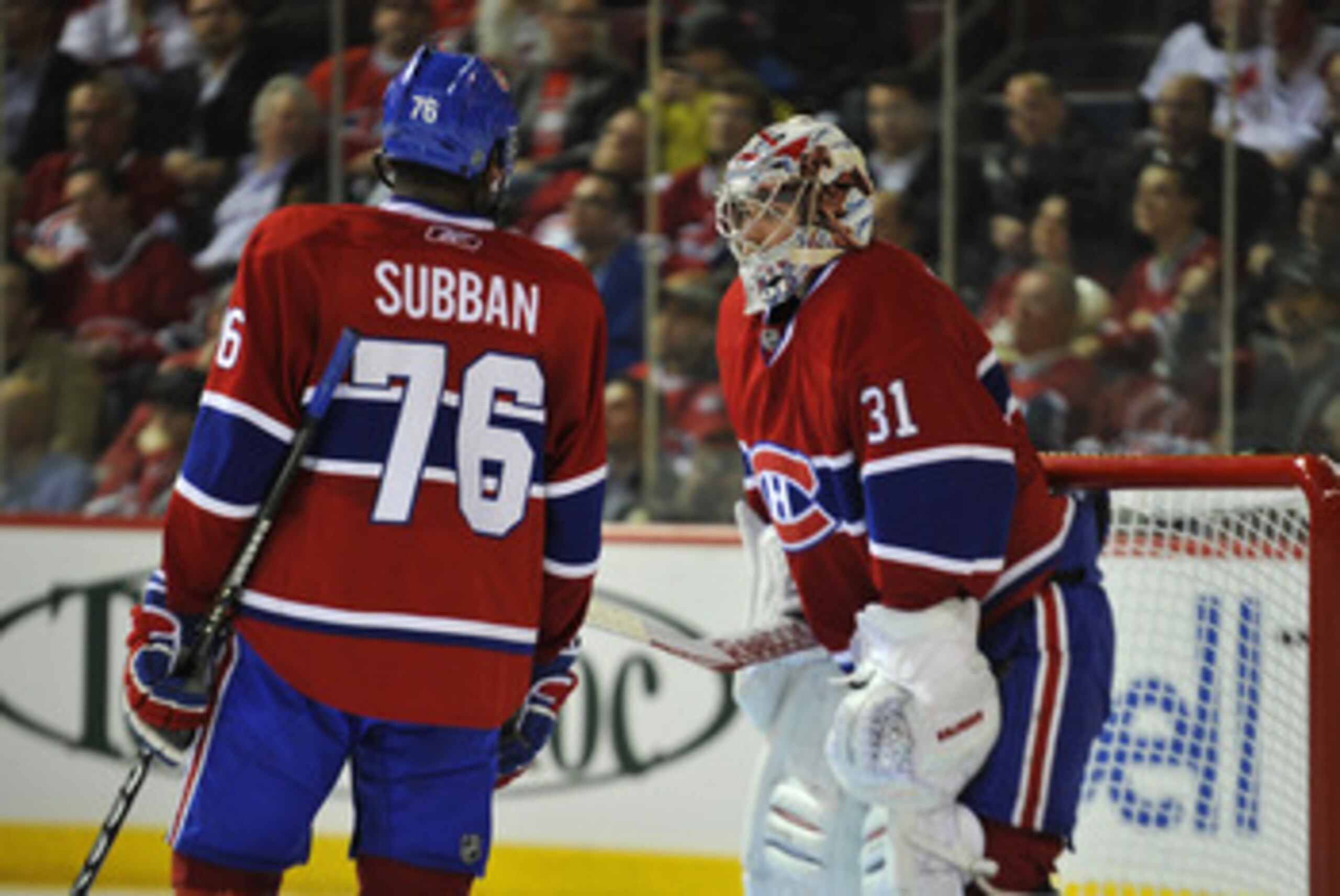 MONTREAL, QC - APRIL 18:  P.K. Subban #76 of the Montreal Canadiens has words with teammate Carey Price #31 after going down two goals to the Boston Bruins in Game Three of the Eastern Conference Quarterfinals during the 2011 NHL Stanley Cup Playoffs at B
