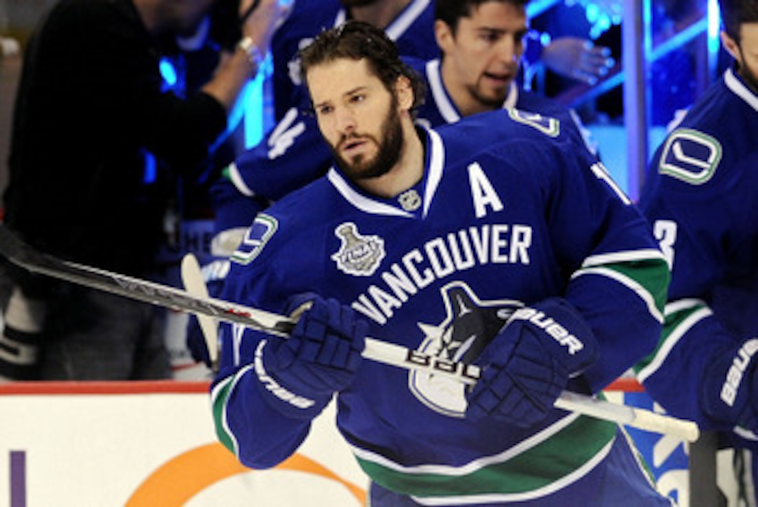 VANCOUVER, BC - JUNE 04:  Ryan Kesler #17 and Kevin Bieksa #3 of the Vancouver Canucks take to the ice prior to playing against the Boston Bruins in Game Two of the 2011 NHL Stanley Cup Final at Rogers Arena on June 4, 2011 in Vancouver, British Columbia,