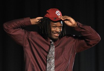 ROCK HILL, SC - FEBRUARY 14:  Jadeveon Clowney announces his college football commitment to the University of South Carolina Gamecocks during a press conference at South Pointe High School on February 14, 2011 in Rock Hill, South Carolina.  (Photo by Stre