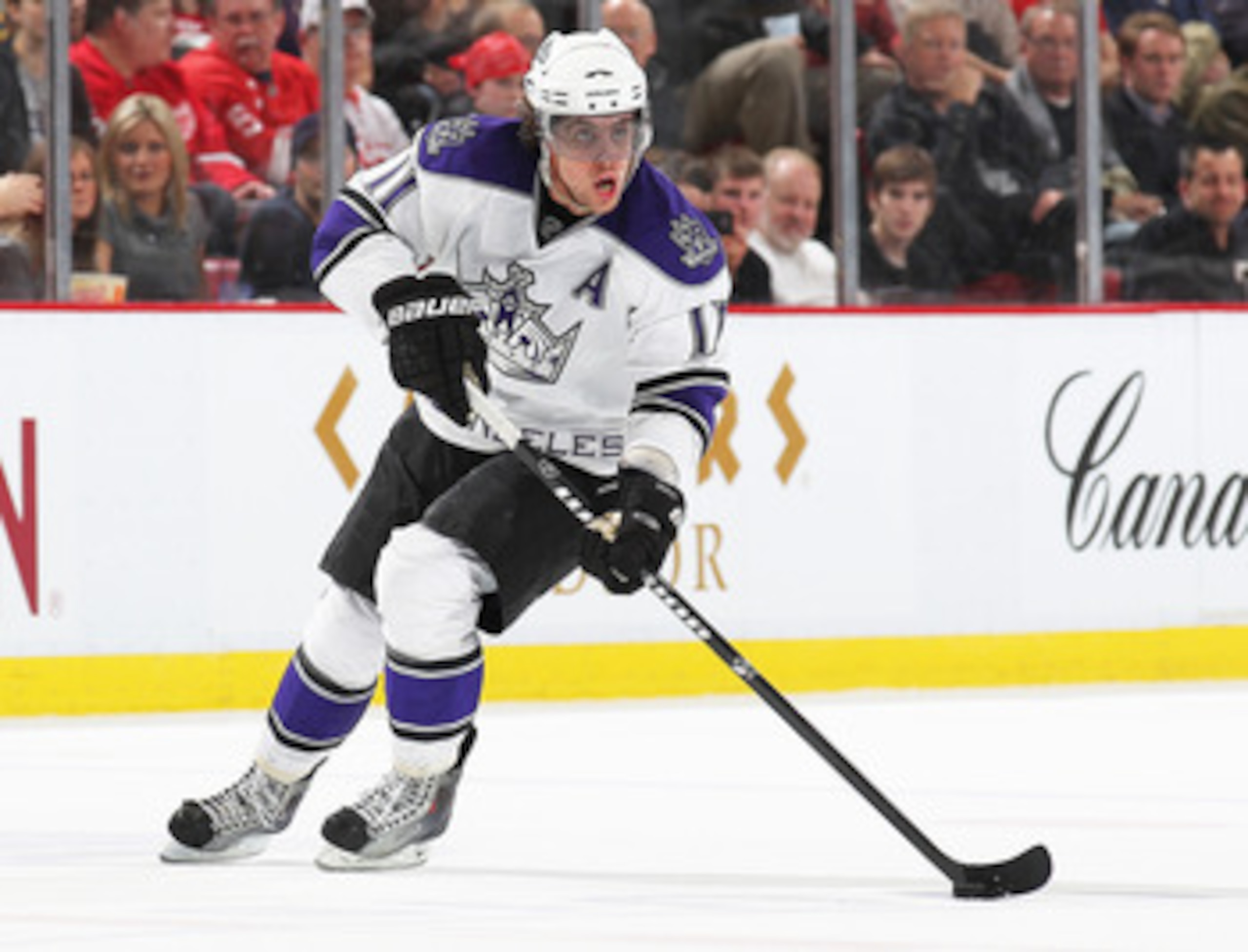 DETROIT, MI - MARCH 9:  Anze Kopitar #11 of the Los Angeles Kings skates with the puck in a game against the Detroit Red Wings on March 9, 2011 at the Joe Louis Arena in Detroit, Michigan. The Kings defeated the Wings 2-1. (Photo by Claus Andersen/Getty I