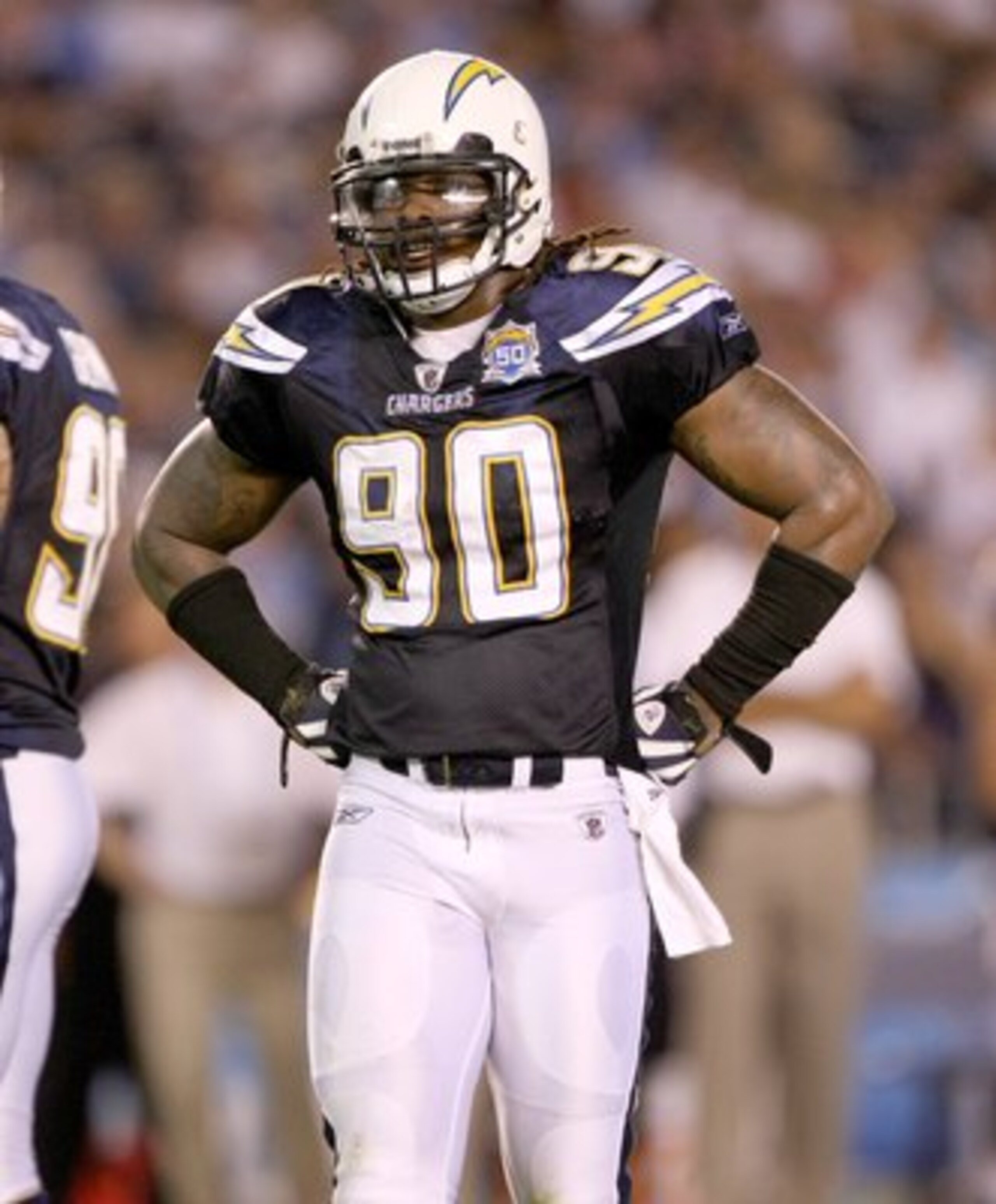 SAN DIEGO - SEPTEMBER 4:  Linebacker Antwan Applewhite #90 of the San Diego Chargers stands on the field in the game with the San Francisco 49ers on September 4, 2009 at Qualcomm Stadium in San Diego, California.   The Chrgers won 26-7.  (Photo by Stephen