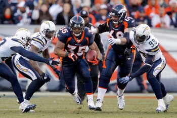 DENVER, CO - JANUARY 2:  Running back Lance Ball #35 of the Denver Broncos breaks through a hole of San Diego defenders during the second quarter at INVESCO Field at Mile High on January 2, 2011 in Denver, Colorado. (Photo by Justin Edmonds/Getty Images)
