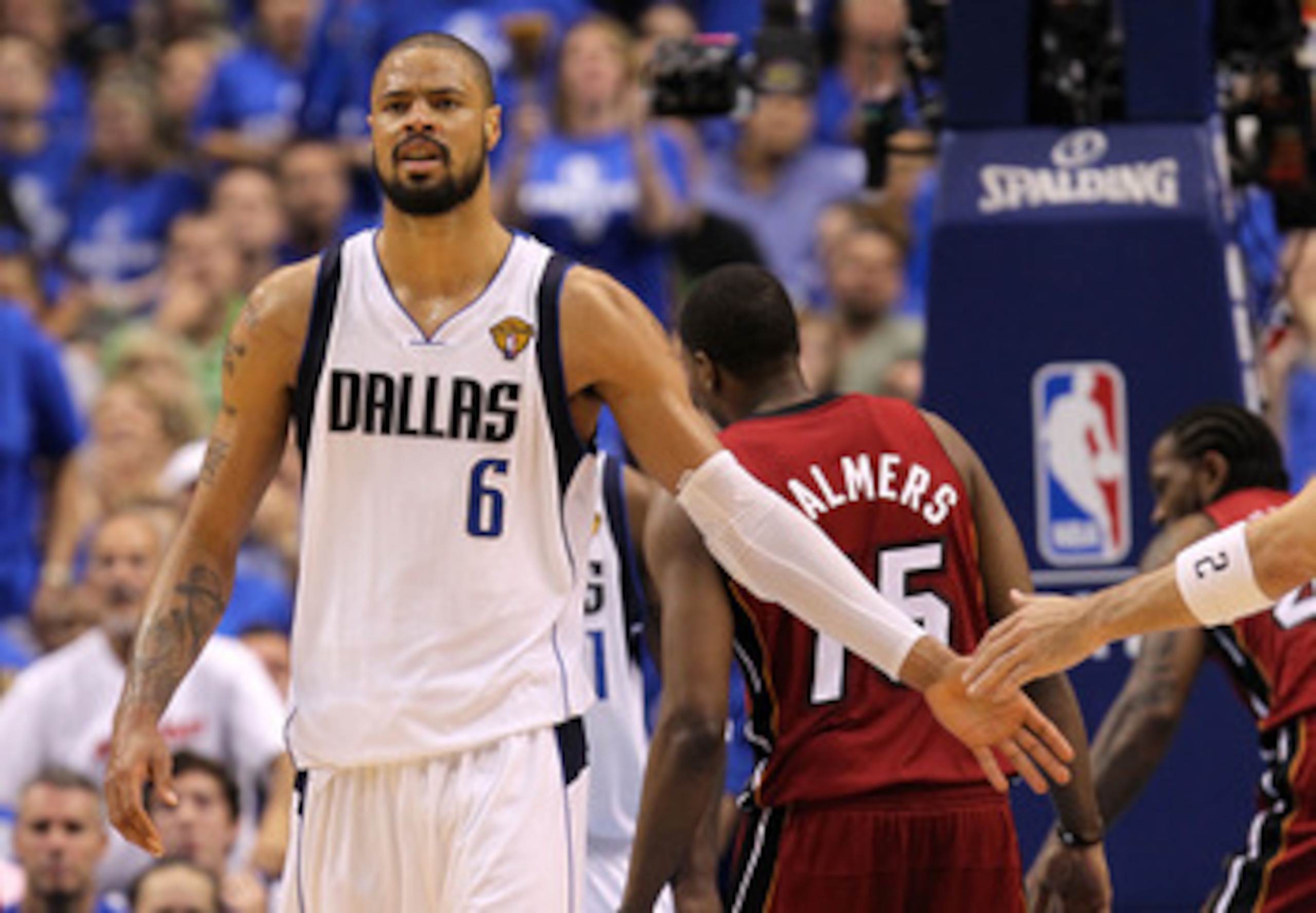 DALLAS, TX - JUNE 07:  Tyson Chandler #6 of the Dallas Mavericks reacts against the Miami Heat in Game Four of the 2011 NBA Finals at American Airlines Center on June 7, 2011 in Dallas, Texas. NOTE TO USER: User expressly acknowledges and agrees that, by 