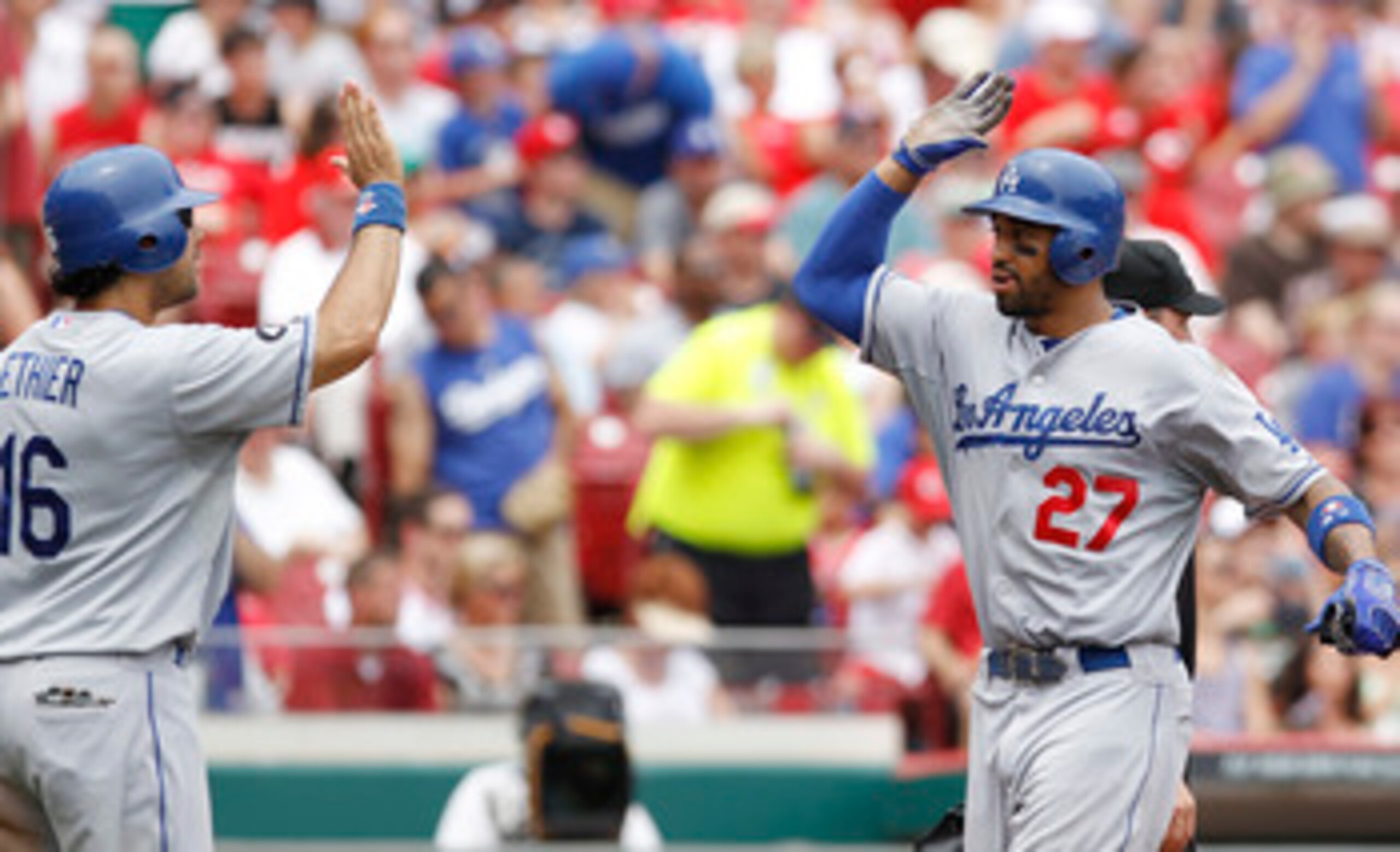 CINCINNATI, OH - JUNE 5: Matt Kemp #27 and Andre Ethier #16 of the Los Angeles Dodgers celebrate during the game against the Cincinnati Reds at Great American Ball Park on June 5, 2011 in Cincinnati, Ohio. The Dodgers defeated the Reds 9-6. (Photo by Joe