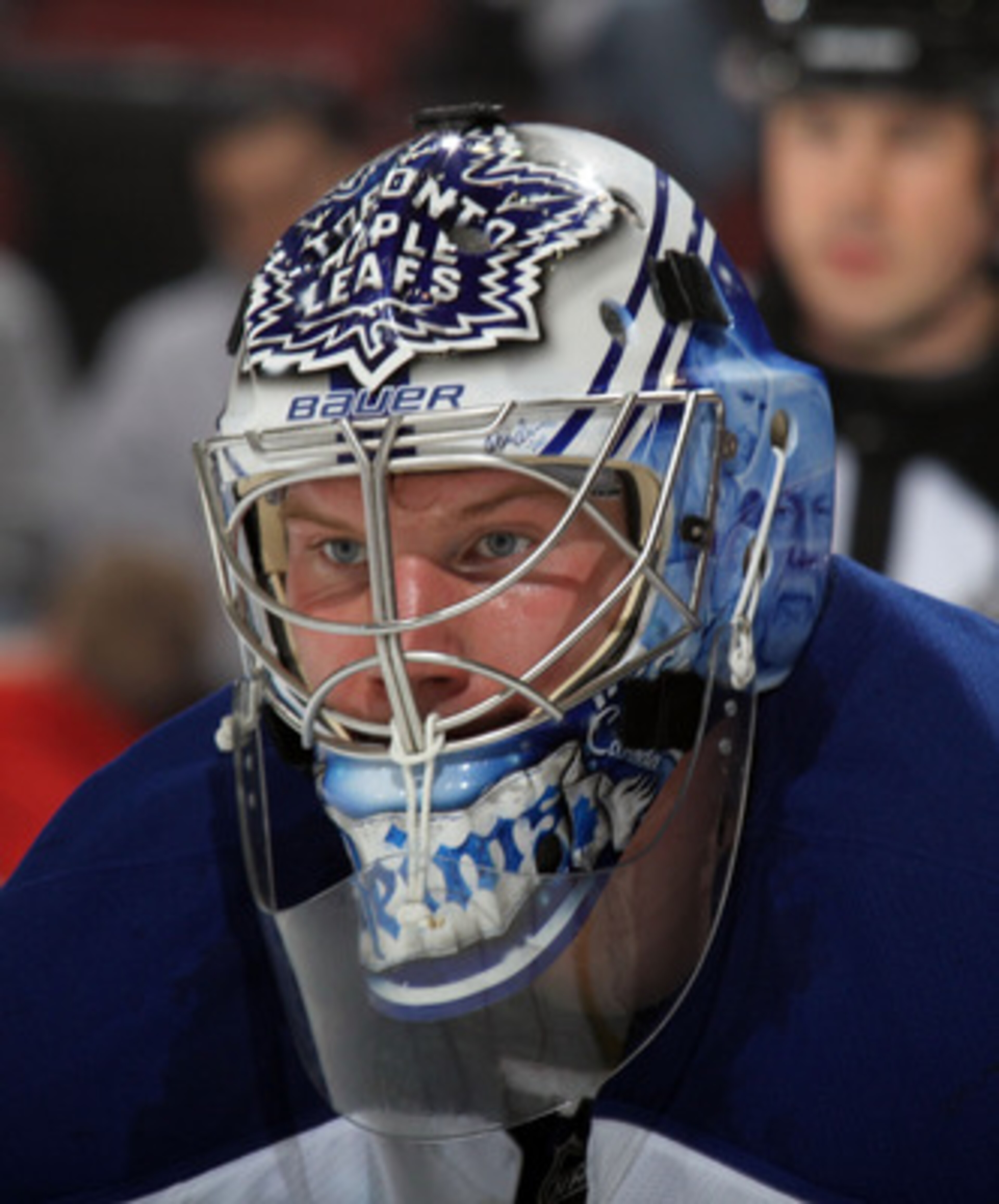 NEWARK, NJ - APRIL 06: James Reimer #34 of the Toronto Maple Leafs keeps an eye on the action in his game against the New Jersey Devils at the Prudential Center on April 6, 2011 in Newark, New Jersey. The Devils defeated the Maple Leafs 4-2. (Photo by Bru NEWARK, NJ - APRIL 06: James Reimer #34 of the Toronto Maple Leafs keeps an eye on the action in his game against the New Jersey Devils at the Prudential Center on April 6, 2011 in Newark, New Jersey. The Devils defeated the Maple Leafs 4-2. (Photo by Bru