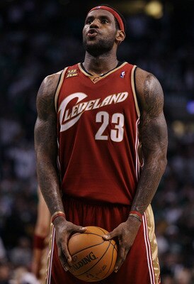 BOSTON - MAY 13:  LeBron James #23 of the Cleveland Cavaliers prepares to shoot a free throw in the fourth quarter against the Boston Celtics during Game Six of the Eastern Conference Semifinals of the 2010 NBA playoffs at TD Garden on May 13, 2010 in Bos