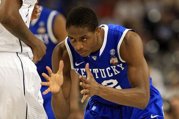 HOUSTON, TX - APRIL 02:  Brandon Knight #12 of the Kentucky Wildcats reacts against the Connecticut Huskies during the National Semifinal game of the 2011 NCAA Division I Men's Basketball Championship at Reliant Stadium on April 2, 2011 in Houston, Texas.