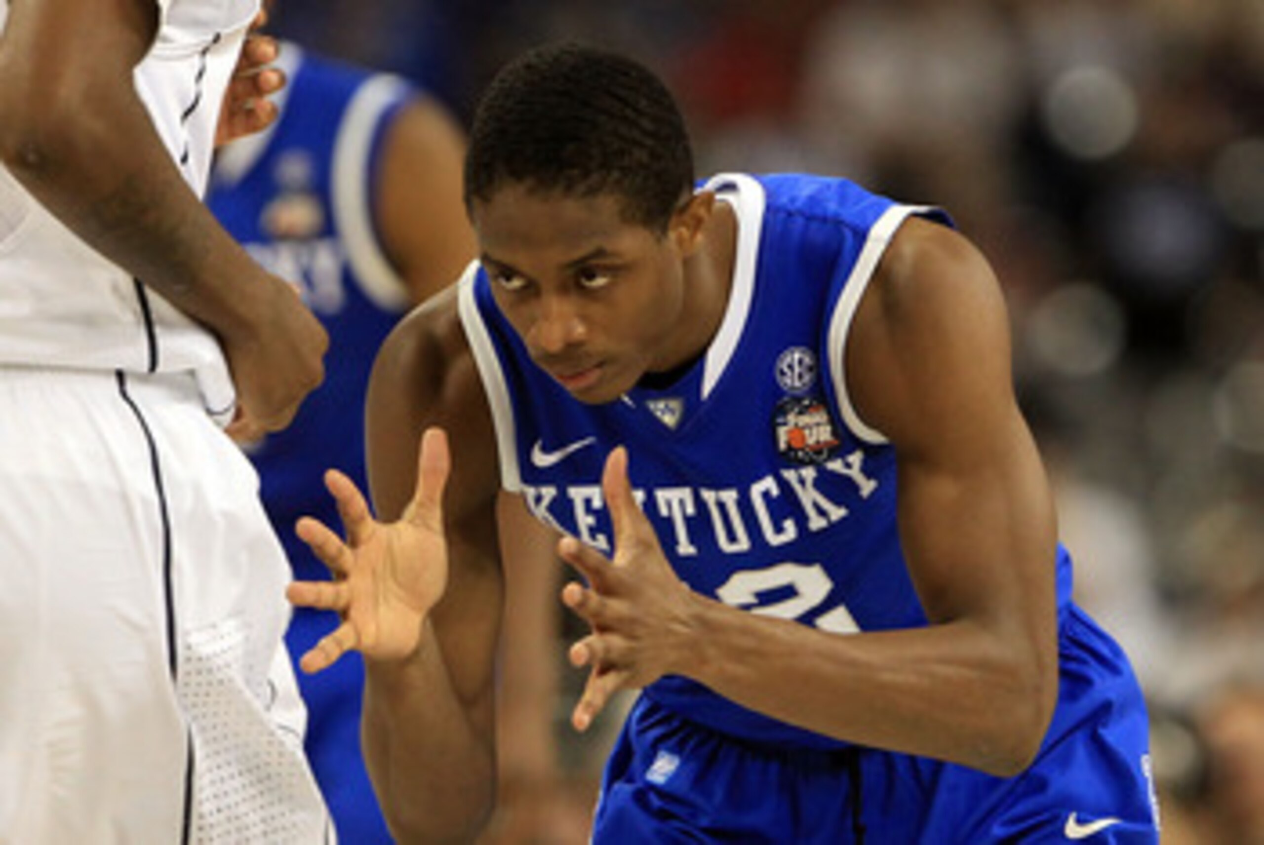 HOUSTON, TX - APRIL 02:  Brandon Knight #12 of the Kentucky Wildcats reacts against the Connecticut Huskies during the National Semifinal game of the 2011 NCAA Division I Men's Basketball Championship at Reliant Stadium on April 2, 2011 in Houston, Texas.