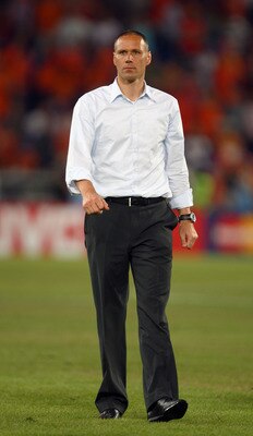BASEL, SWITZERLAND - JUNE 21:  Marco van Basten coach of Netherlands looks on after defeat in the UEFA EURO 2008 Quarter Final match between Netherlands and Russia at St. Jakob-Park on June 21, 2008 in Basel, Switzerland.  (Photo by Laurence Griffiths/Get