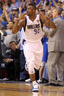 DALLAS, TX - JUNE 07:  DeShawn Stevenson #92 of the Dallas Mavericks reacts after he made a 3-point shot in the first half against the Miami Heat in Game Four of the 2011 NBA Finals at American Airlines Center on June 7, 2011 in Dallas, Texas. NOTE TO USE