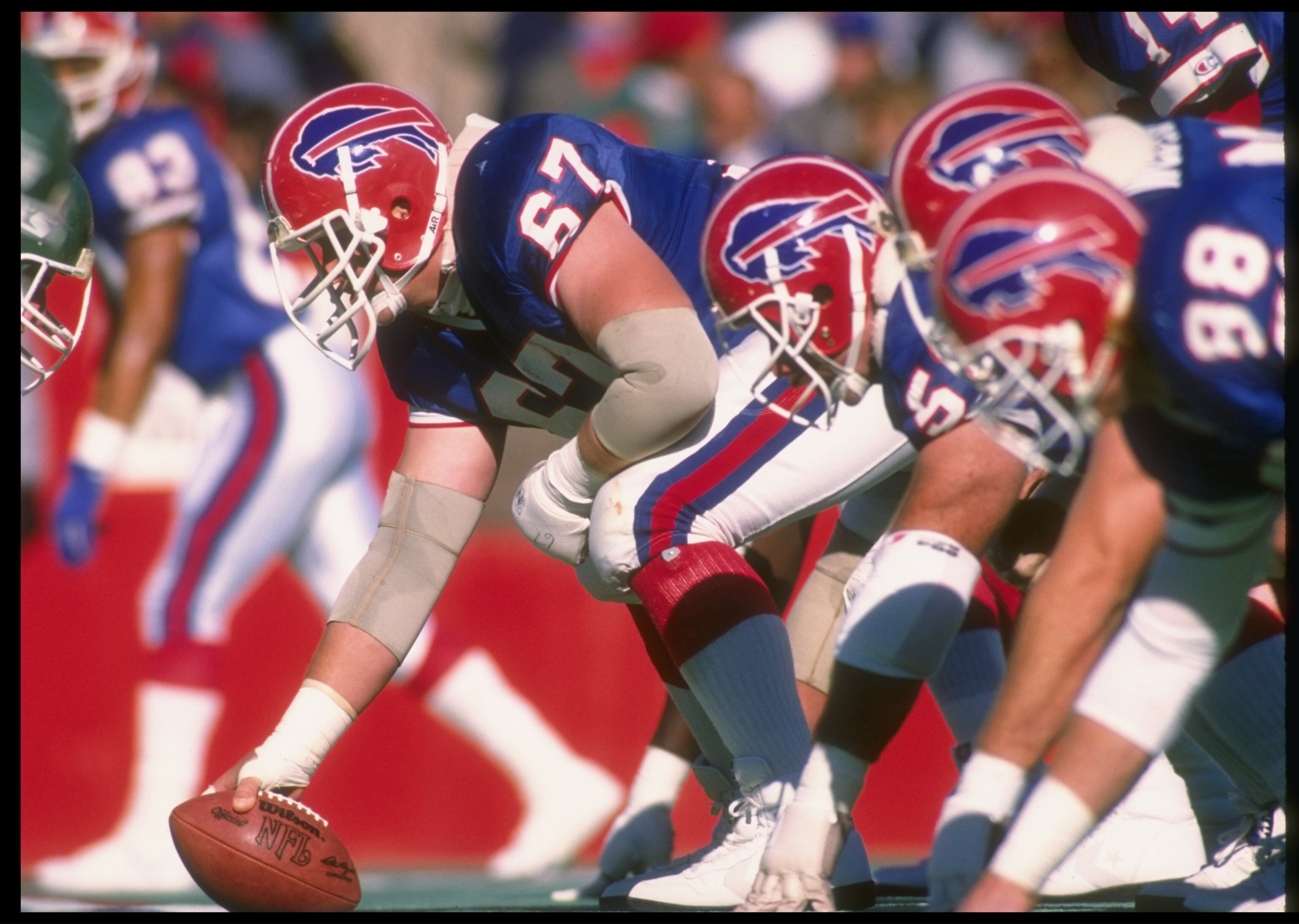 22 Oct 1989:  Center Kent Hull of the Buffalo Bills prepares to snap the ball during a game against the New York Jets at Rich Stadium in Orchard Park, New York.  The Bills won the game, 34-3. Mandatory Credit: Rick Stewart  /Allsport
