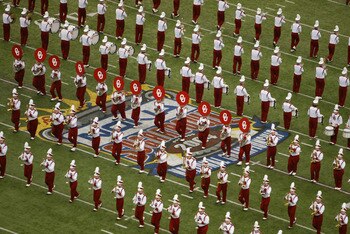 NEW ORLEANS - JANUARY 4:  The University of Oklahoma Sooners marching band, the Pride of Oklahoma, is on the field during an intermission in National Championship Nokia Sugar Bowl game against the Louisiana State University Tigers at the Louisiana Superdo