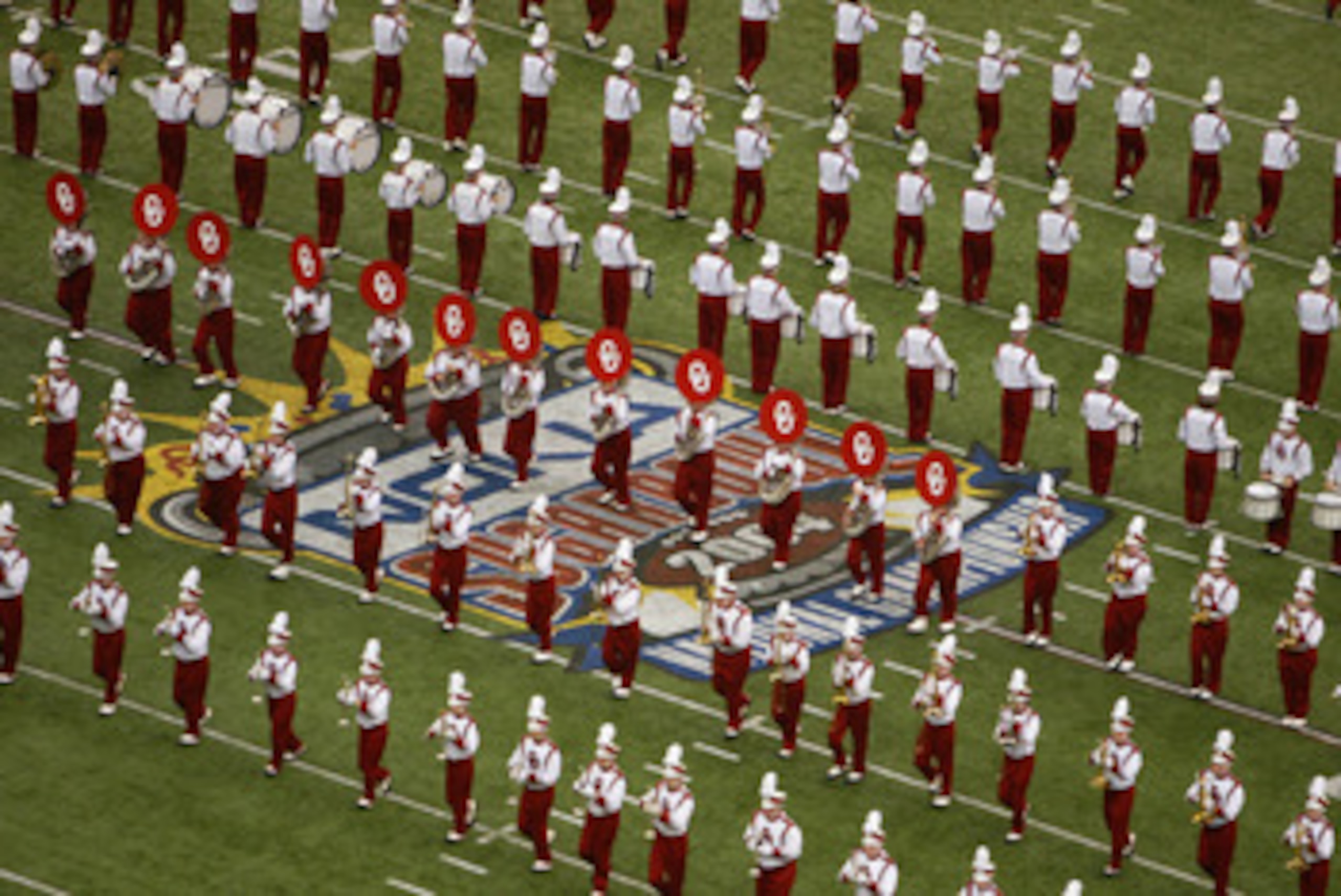 NEW ORLEANS - JANUARY 4:  The University of Oklahoma Sooners marching band, the Pride of Oklahoma, is on the field during an intermission in National Championship Nokia Sugar Bowl game against the Louisiana State University Tigers at the Louisiana Superdo