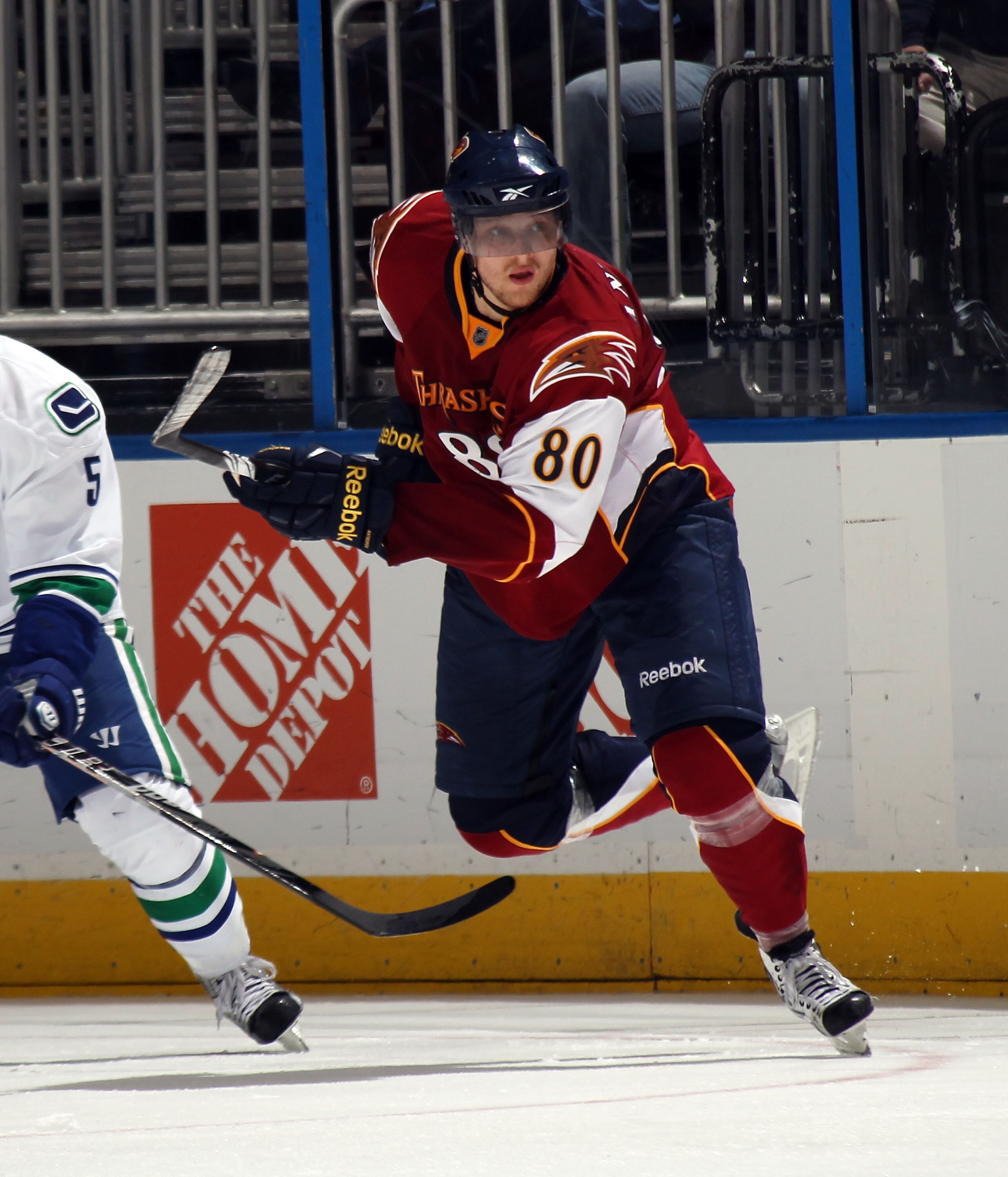 ATLANTA, GA - MARCH 25:  Nik Antropov #80 of the Atlanta Thrashers skates against the Vancouver Canucks at the Philips Arena on March 25, 2011 in Atlanta, Georgia.  (Photo by Bruce Bennett/Getty Images)