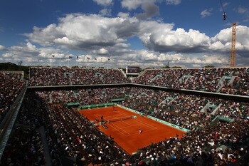 PARIS, FRANCE - MAY 31:  A general view of Court Chatrier during the men's singles quarterfinal match between Gael Monfils of France and Roger Federer of Switzerland on day ten of the French Open at Roland Garros on May 31, 2011 in Paris, France.  (Photo