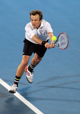 SYDNEY, AUSTRALIA - NOVEMBER 13:  Mats Wilander during his match against John McEnroe during day three of the Sydney Champions Downunder at Sydney Olympic Park Tennis Centre on November 13, 2010 in Sydney, Australia. (Photo by Craig Golding/Getty Images f