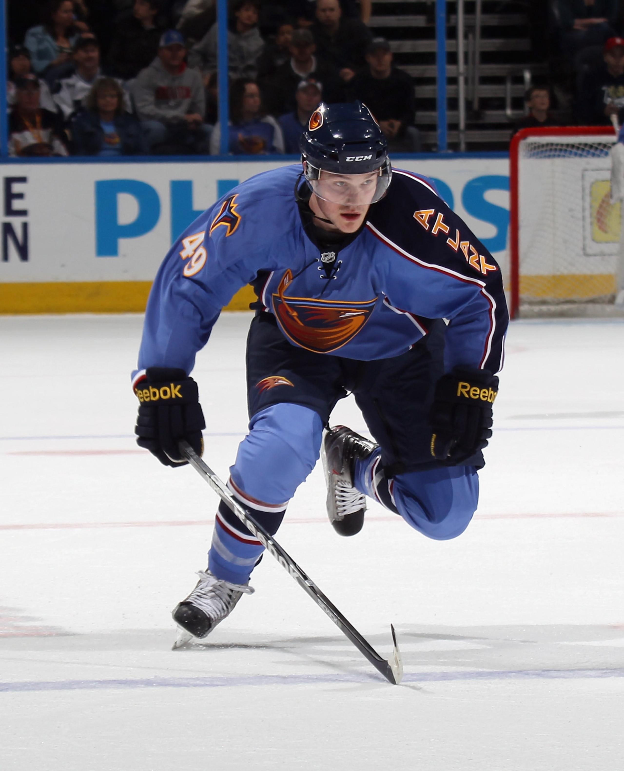 ATLANTA, GA - MARCH 27:  Ben Maxwell #49 of the Atlanta Thrashers skates against the Ottawa Senators at the Philips Arena on March 27, 2011 in Atlanta, Georgia. The Thrashers defeated the 5-4 in the shoot out.  (Photo by Bruce Bennett/Getty Images)