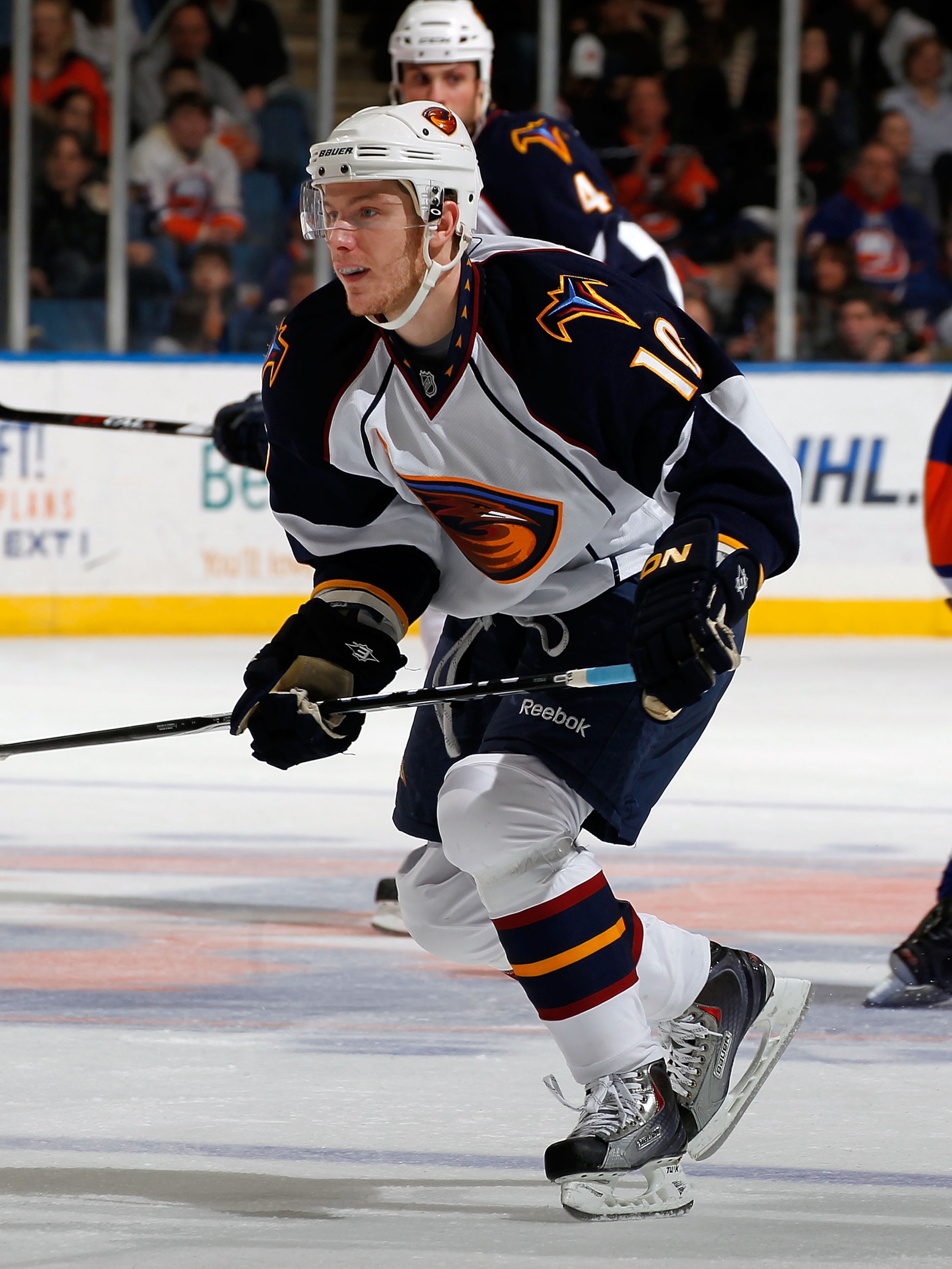 UNIONDALE, NY - MARCH 24:  Bryan Little #10 of the Atlanta Thrashers skates during an NHL hockey game against the New York Islanders at the Nassau Coliseum on March 24, 2011 in Uniondale, New York.  (Photo by Paul Bereswill/Getty Images)