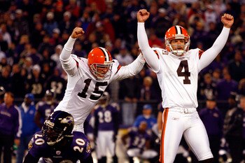 BALTIMORE - NOVEMBER 18:  Kicker Phil Dawson #4 of the Cleveland Browns celebrates after kicking the winning field goal in overtime during the game against the Baltimore Ravens on November 18, 2007 at M&T Bank Stadium in Baltimore, Maryland.  (Photo by Ja