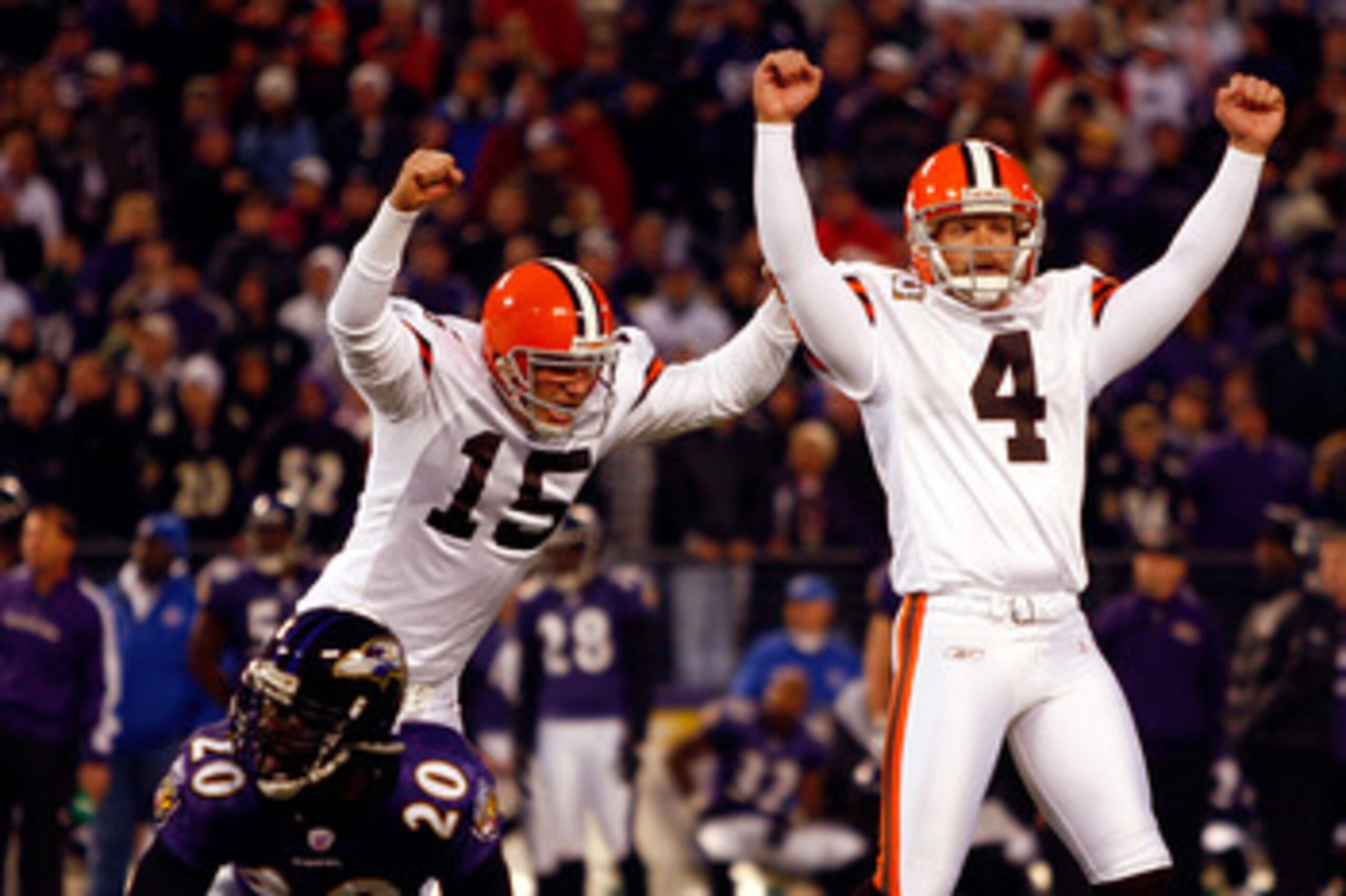 BALTIMORE - NOVEMBER 18:  Kicker Phil Dawson #4 of the Cleveland Browns celebrates after kicking the winning field goal in overtime during the game against the Baltimore Ravens on November 18, 2007 at M&T Bank Stadium in Baltimore, Maryland.  (Photo by Ja