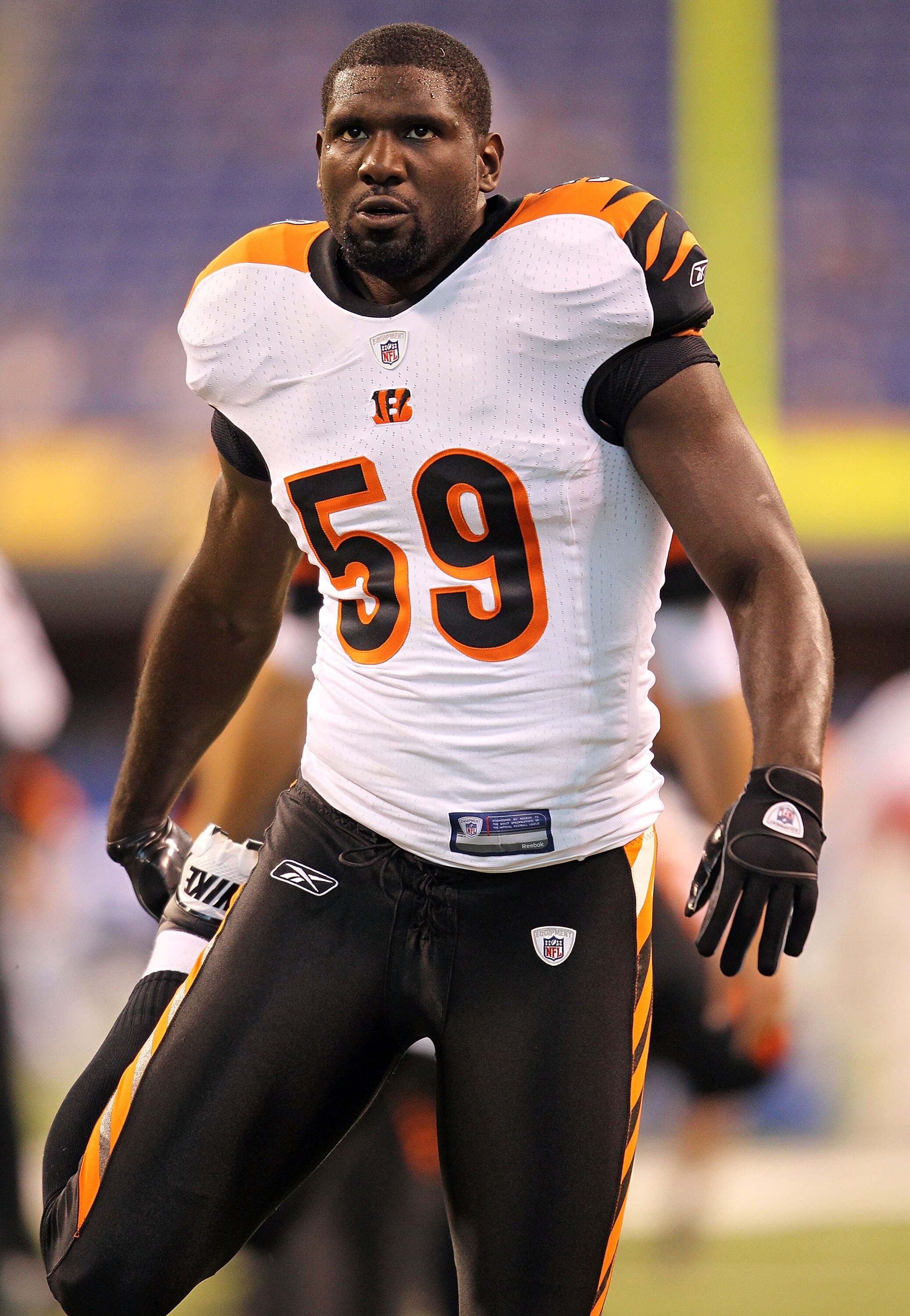 INDIANAPOLIS - SEPTEMBER 02:  Brandon Johnson #59 of the Cincinnati Bengals is pictured before the NFL game against the Indianapolis Colts at Lucas Oil Stadium on September 2, 2010 in Indianapolis, Indiana.  (Photo by Andy Lyons/Getty Images)