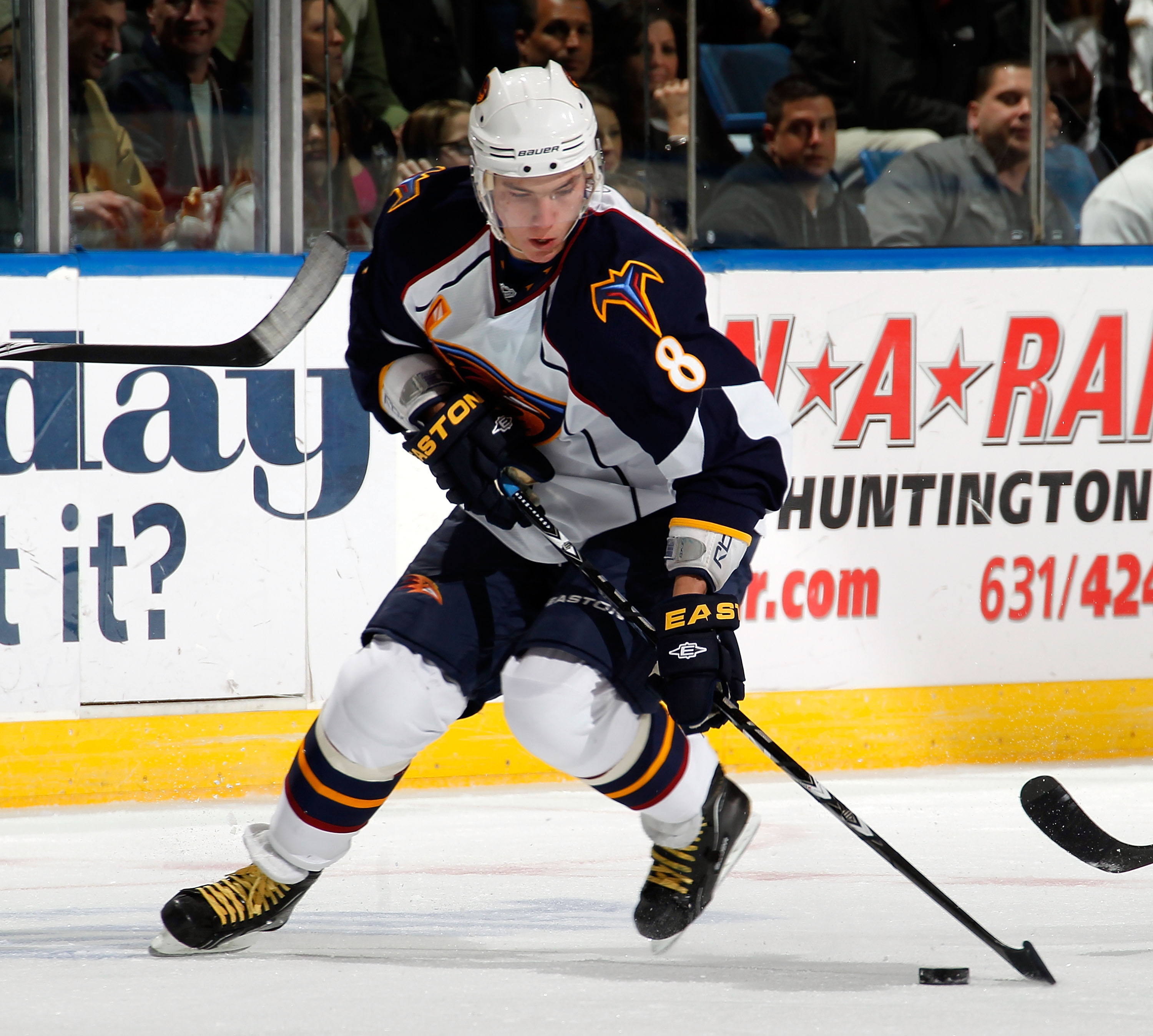 UNIONDALE, NY - MARCH 24:  Alexander Burmistrov #8 of the Atlanta Thrashers skates during an NHL hockey game against the New York Islanders at the Nassau Coliseum on March 24, 2011 in Uniondale, New York.  (Photo by Paul Bereswill/Getty Images)