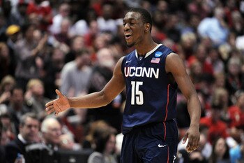 ANAHEIM, CA - MARCH 24:  Kemba Walker #15 of the Connecticut Huskies reacts after a play against the San Diego State Aztecs during the west regional semifinal of the 2011 NCAA men's basketball tournament at the Honda Center on March 24, 2011 in Anaheim, C
