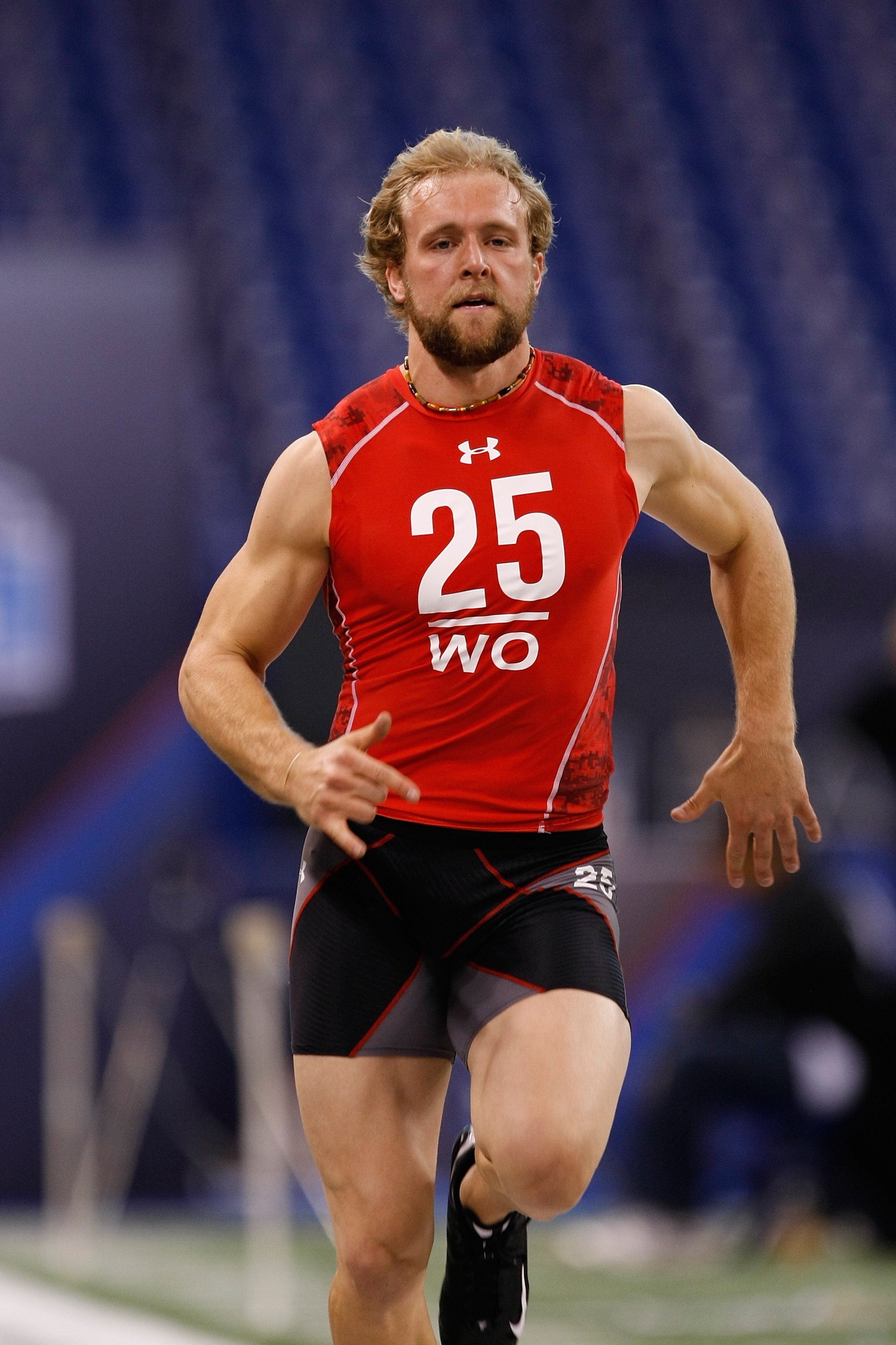 INDIANAPOLIS, IN - FEBRUARY 28: Wide receiver Kerry Meier of Kansas runs the 40 yard dash during the NFL Scouting Combine presented by Under Armour at Lucas Oil Stadium on February 28, 2010 in Indianapolis, Indiana. (Photo by Scott Boehm/Getty Images)