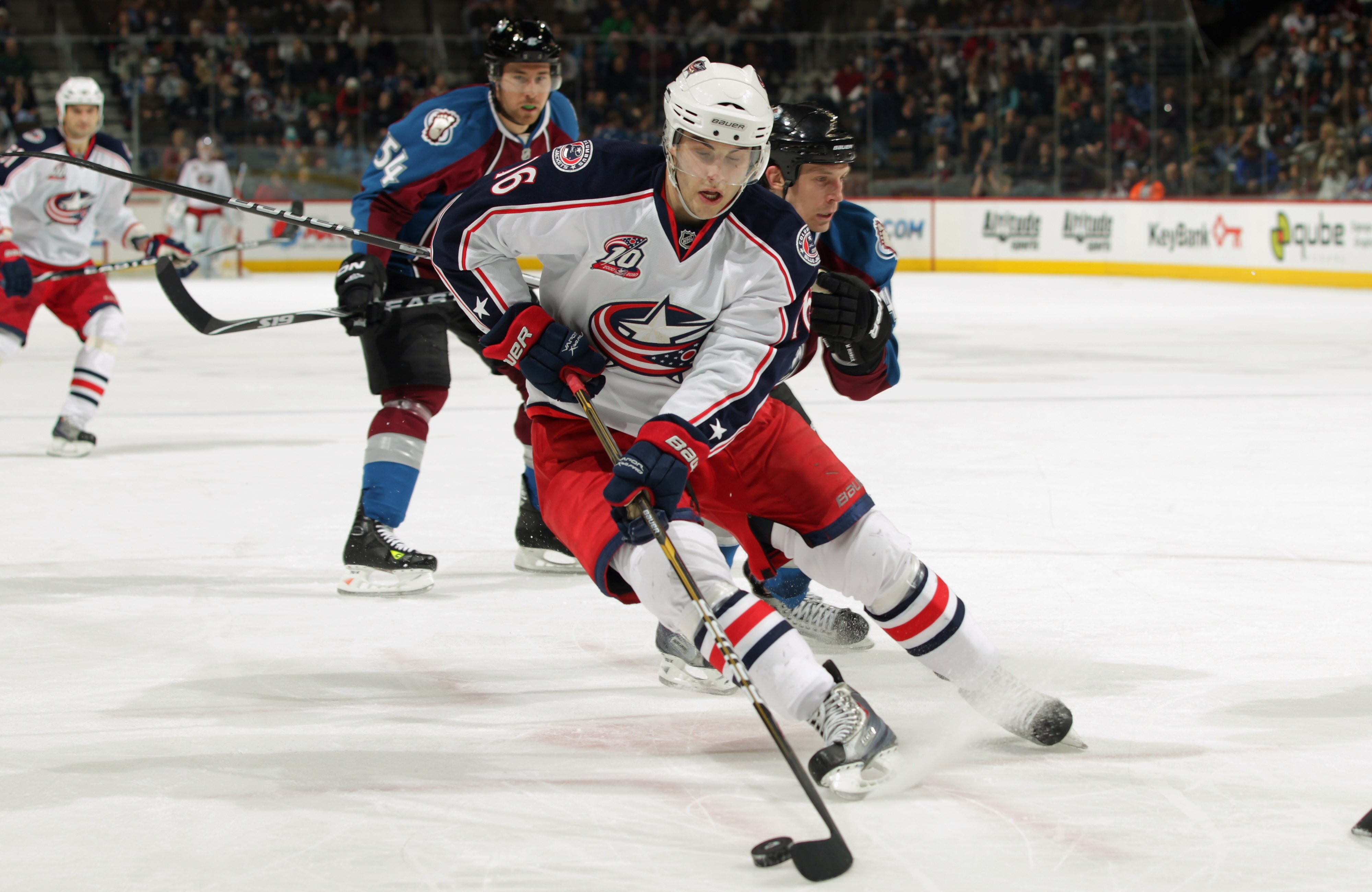 DENVER, CO - MARCH 22:  Derick Brassard #16 of the Columbus Blue Jackets controls the puck against the Colorado Avalanche at the Pepsi Center on March 22, 2011 in Denver, Colorado. The Avalanche defeated the Blue Jackets 5-4 in an overtime shootout.  (Pho
