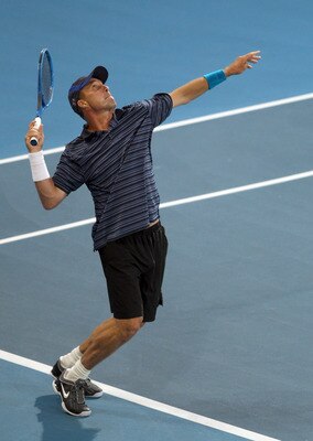 ADELAIDE, AUSTRALIA - JANUARY 13:  Ivan Lendl of team International serves during his match against John McEnroe of Team USA during day three of the World Tennis Challenge at Memorial Drive on January 13, 2011 in Adelaide, Australia.  (Photo by Morne de K