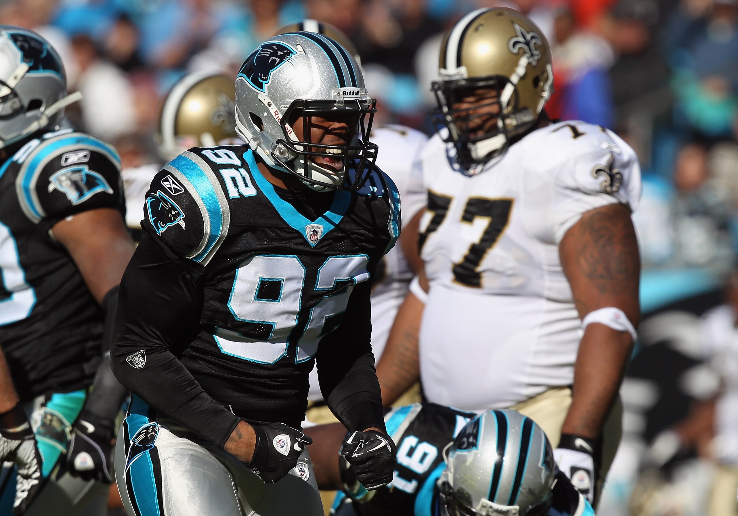 CHARLOTTE, NC - NOVEMBER 07:  Eric Norwood #92 of the Carolina Panthers against the New Orleans Saints during their game at Bank of America Stadium on November 7, 2010 in Charlotte, North Carolina.  (Photo by Streeter Lecka/Getty Images)