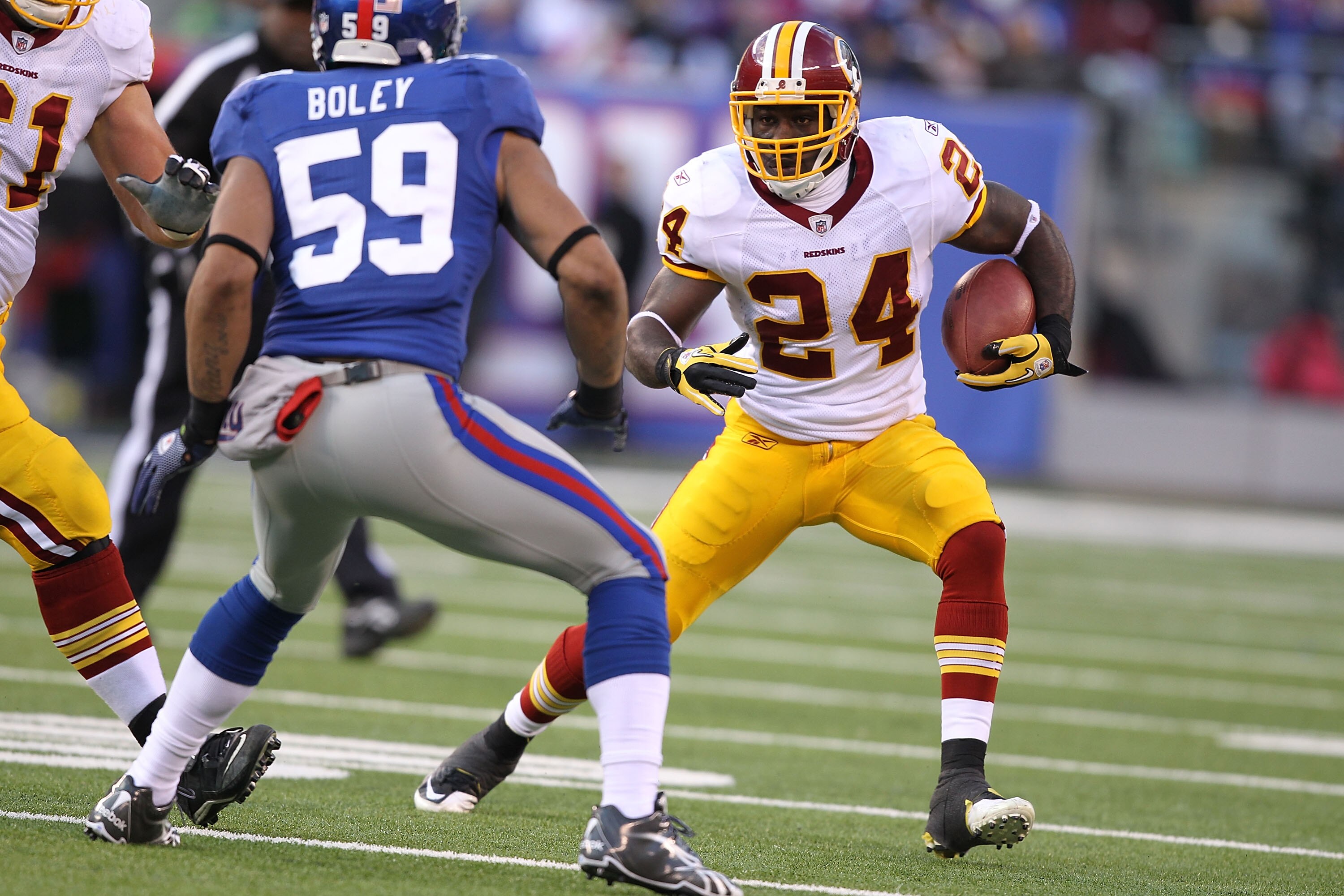 EAST RUTHERFORD, NJ - DECEMBER 05:  James Davis #24  of the Washington Redskins in action against  the New York Giants during their game on December 5, 2010 at The New Meadowlands Stadium in East Rutherford, New Jersey.  (Photo by Al Bello/Getty Images)