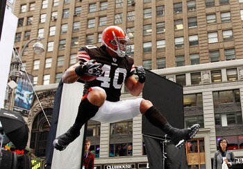 NEW YORK - APRIL 28:  Peyton Hillis #40 of the Cleveland Browns participates in a photo shoot for the cover of EA Sports Madden NFL 12 on April 28, 2011 in Time Square, New York City  (Photo by Mike Stobe/Getty Images for EA Sports)