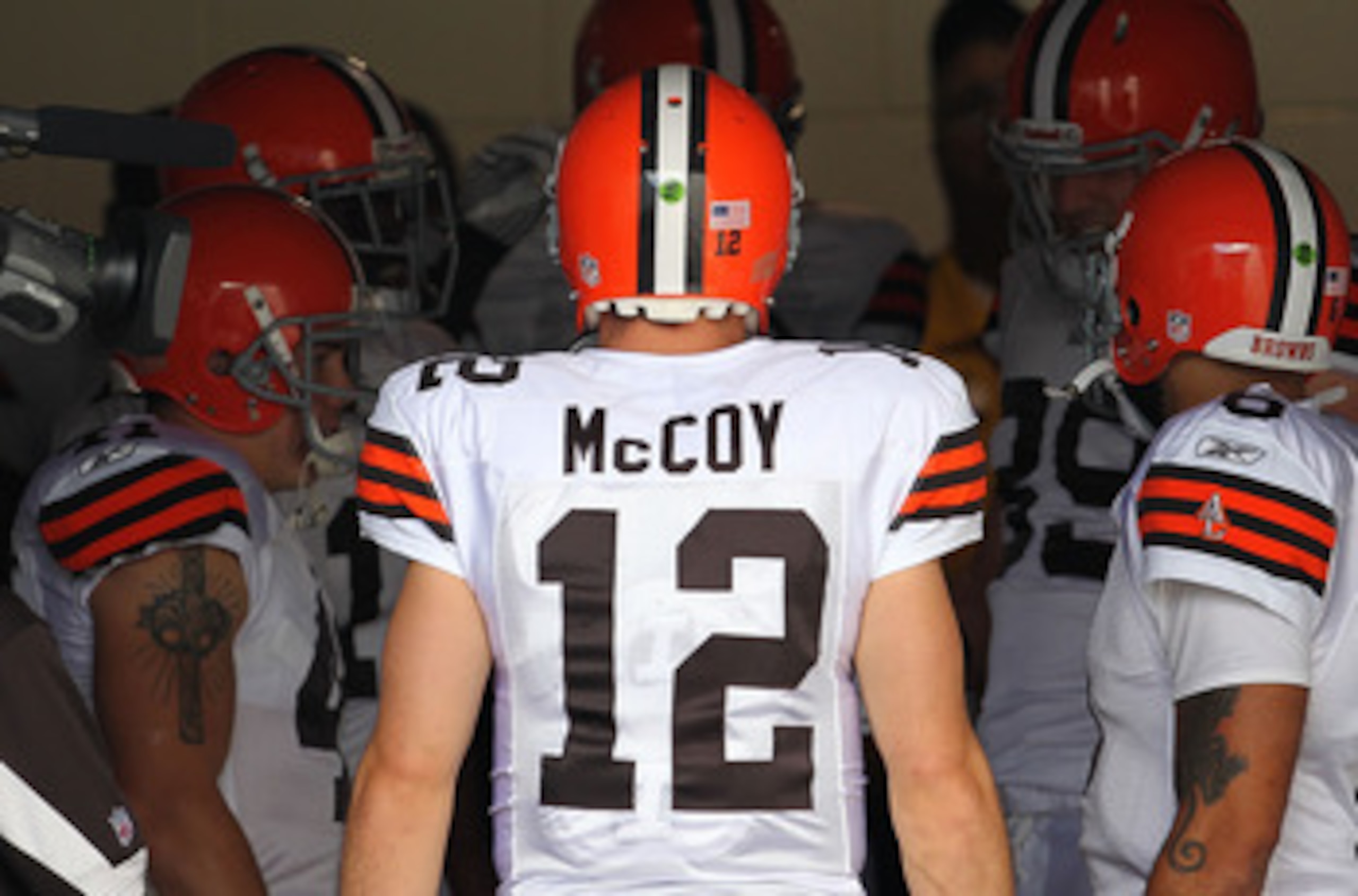 JACKSONVILLE, FL - NOVEMBER 21:  Colt McCoy #12  of the Cleveland Browns leads the team out of the tunnel during a game agaisnt the Jacksonville Jaguars at EverBank Field on November 21, 2010 in Jacksonville, Florida.  (Photo by Mike Ehrmann/Getty Images)