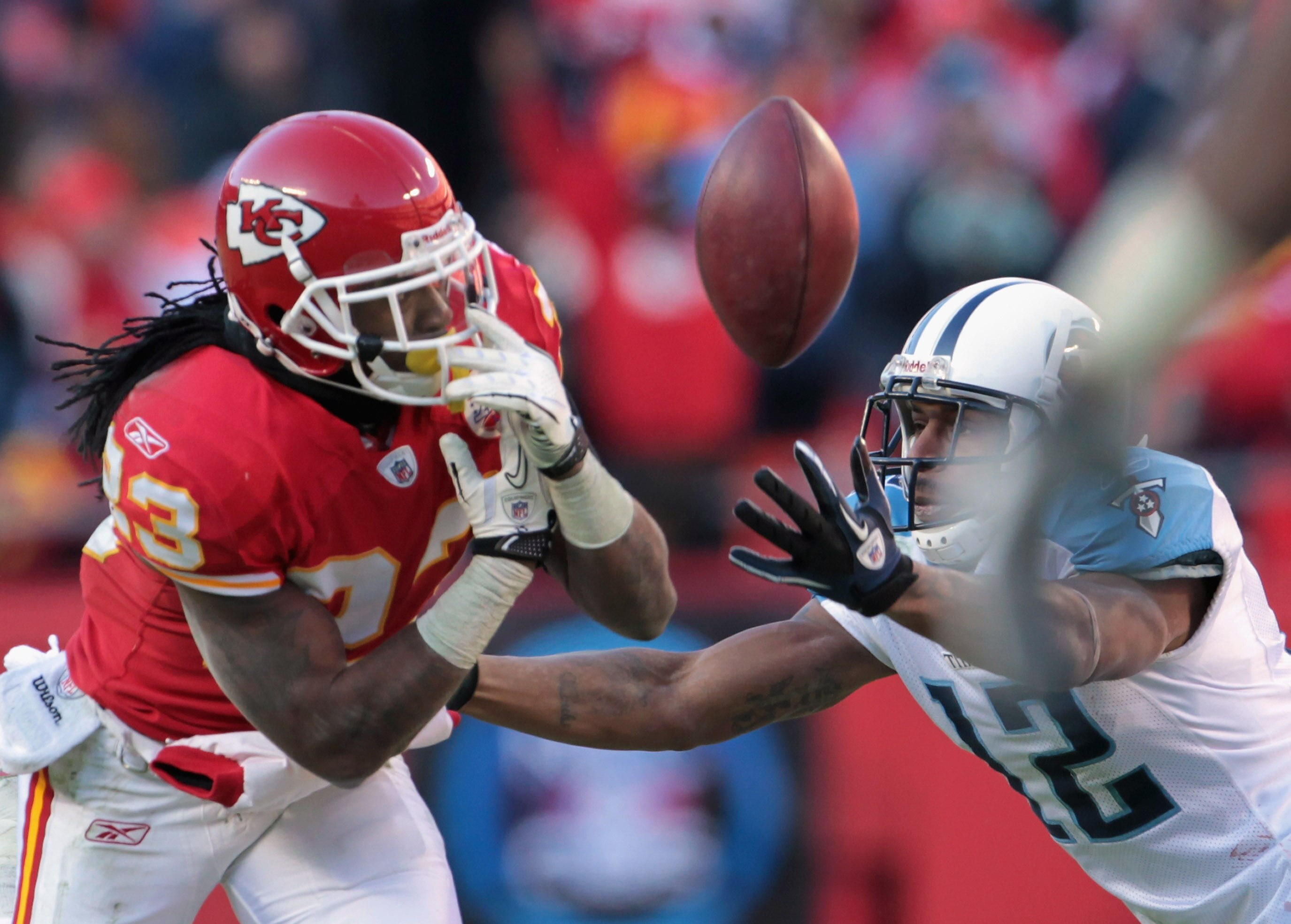KANSAS CITY, MO - DECEMBER 26:  Kendrick Lewis #23 of the Kansas City Chiefs breaks up a pass intended for Justin Gage #12 of the Tennessee Titans during the game on December 26, 2010 at Arrowhead Stadium in Kansas City, Missouri.  (Photo by Jamie Squire/