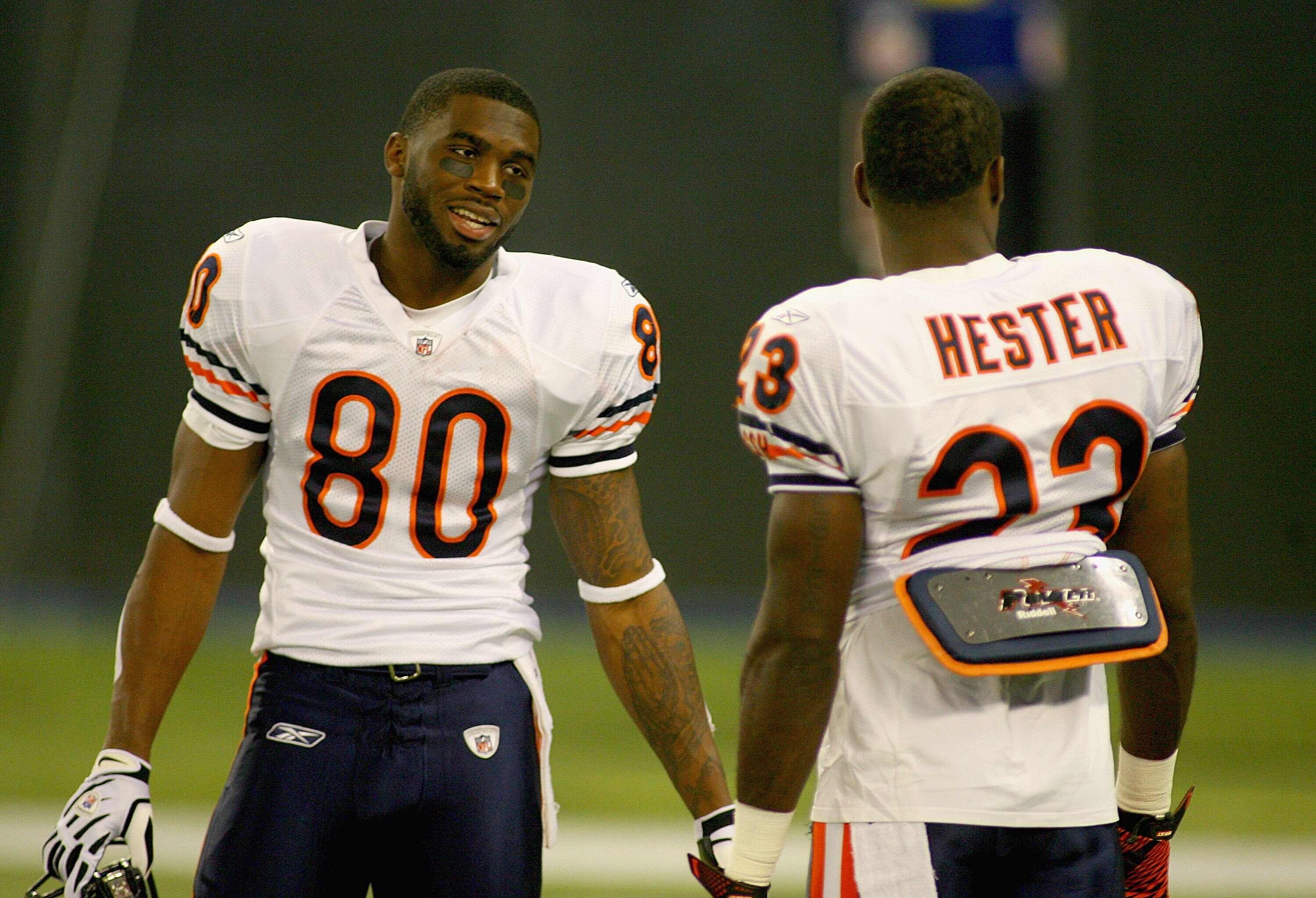 TORONTO, ON - NOVEMBER 07: Earl Bennett #80 and Devin Hester #23 of the Chicago Bears talk during pregame warmups prior to playing the Buffalo Bills  at Rogers Centre on November 7, 2010 in Toronto, Canada.  (Photo by Rick Stewart/Getty Images)