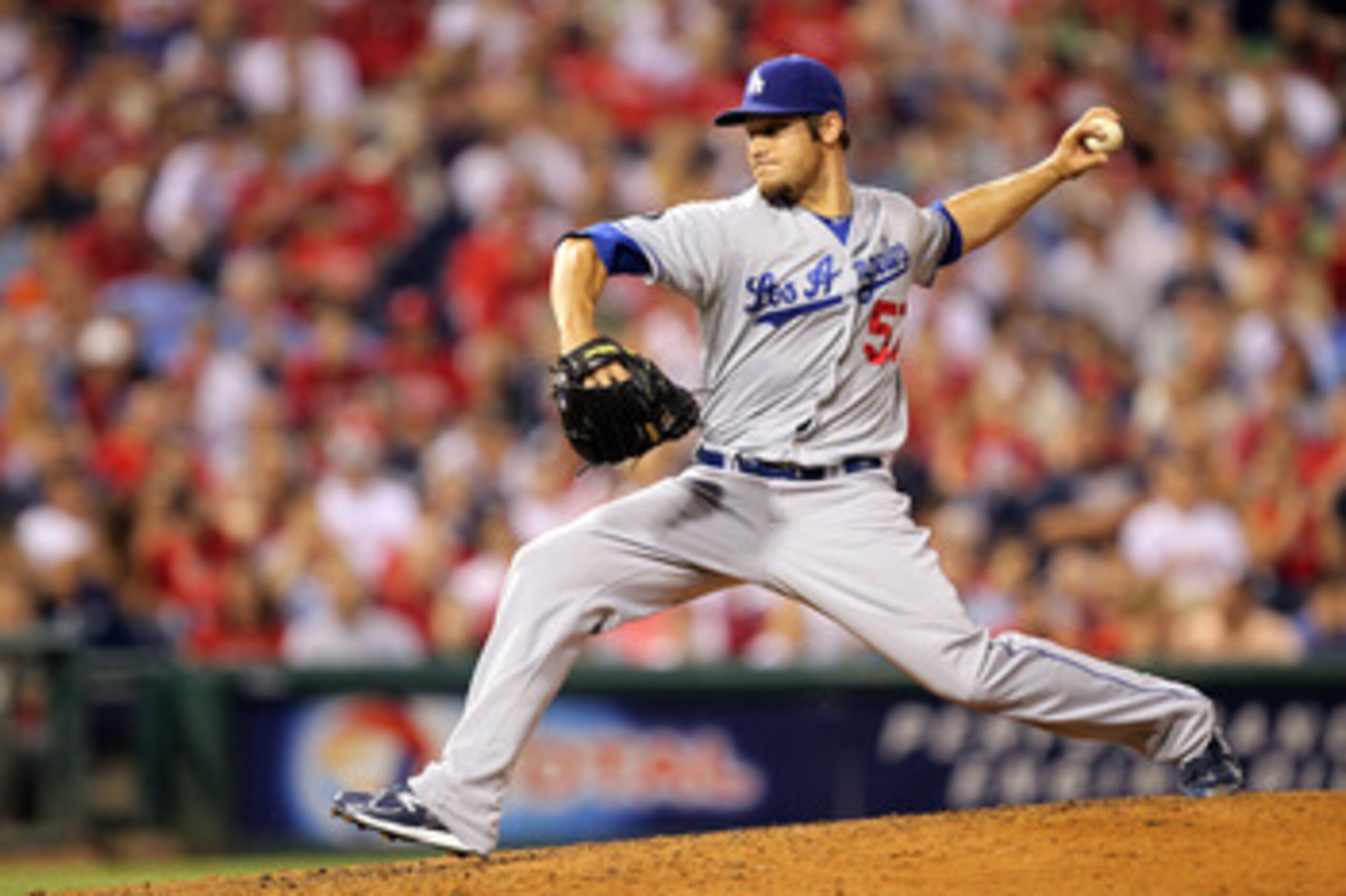 PHILADELPHIA - JUNE 7: Pitcher Scott Elbert #57 of the Los Angeles Dodgers throws a pitch during a game against the Philadelphia Phillies at Citizens Bank Park on June 7, 2011 in Philadelphia, Pennsylvania. The Dodgers won 6-2. (Photo by Hunter Martin/Get