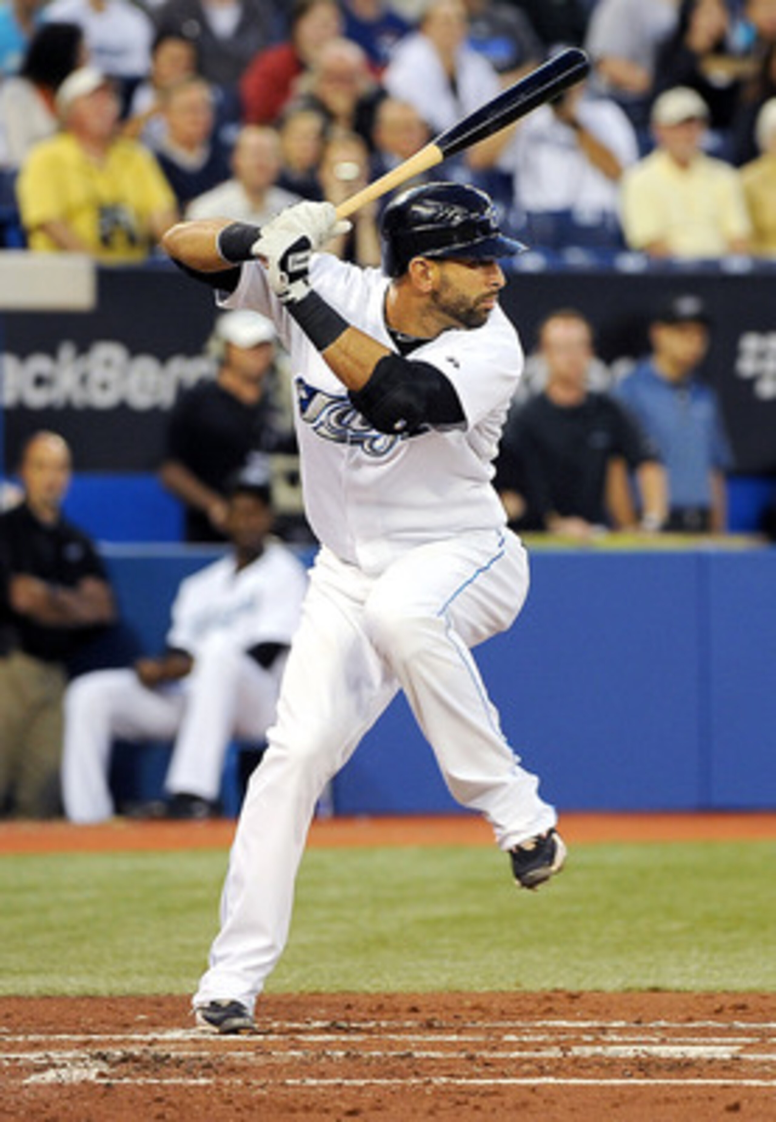 TORONTO, ON - SEPTEMBER 22: Jose Bautista #19 of the Toronto Blue Jays prepares to swing at the ball during a game against the Seattle Mariners on September 22, 2010 in Toronto, Canada. (Photo by Matthew Manor/Getty Images)