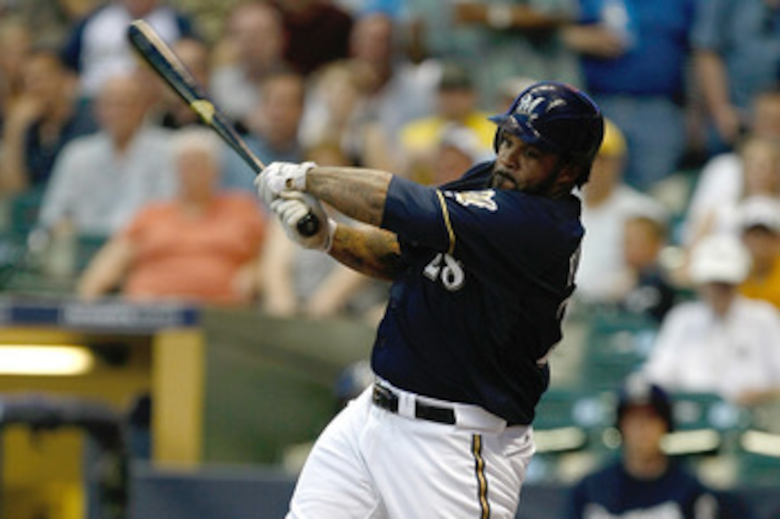 MILWAUKEE, WI - JUNE 7: Prince Fielder #28 of the Milwaukee Brewers bats against the New York Mets at Miller Park on June 7, 2011 in Milwaukee, Wisconsin. (Photo by Scott Boehm/Getty Images)