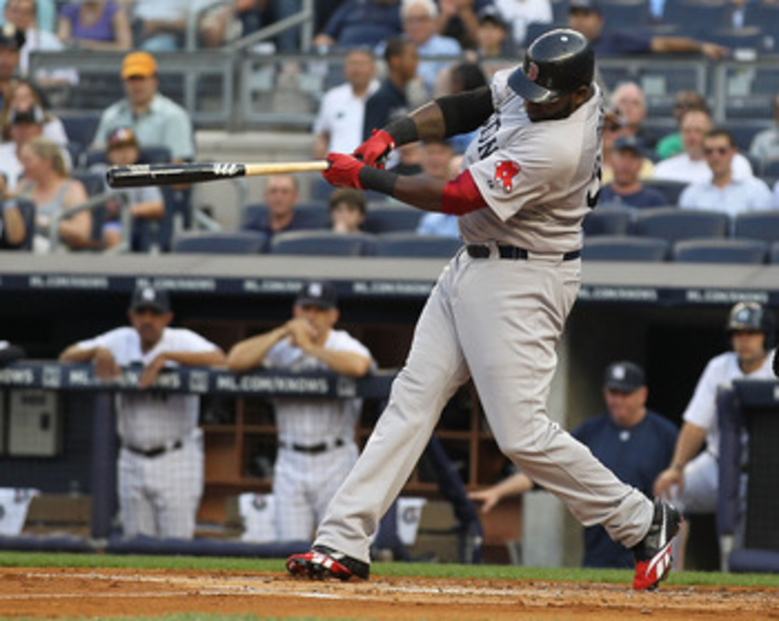 NEW YORK, NY - JUNE 08:  David Ortiz #34 of the Boston Red Sox hits a two run home run against the New York Yankees during their game on June 8, 2011 at Yankee Stadium in the Bronx borough of New York City.  (Photo by Al Bello/Getty Images)