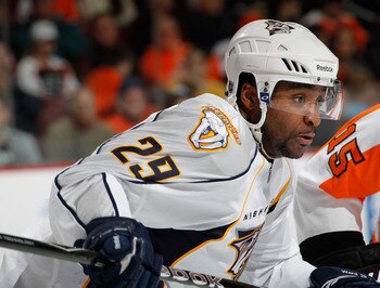 PHILADELPHIA, PA - FEBRUARY 03:  Joel Ward #29 of the Nashville Predators skates during an NHL hockey game against the Philadelphia Flyers at the Wells Fargo Center on February 3, 2011 in Philadelphia, Pennsylvania.  (Photo by Paul Bereswill/Getty Images)