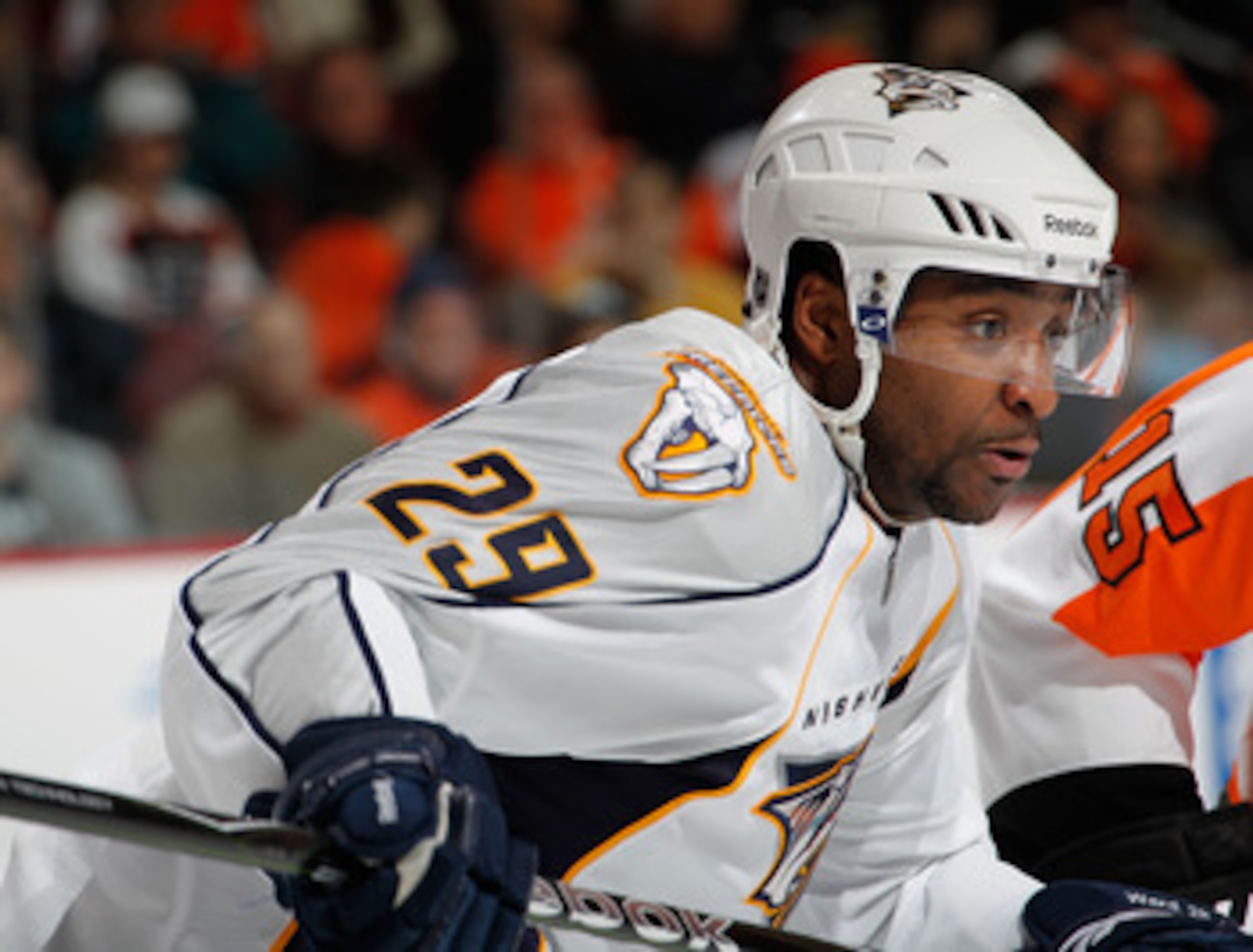 PHILADELPHIA, PA - FEBRUARY 03:  Joel Ward #29 of the Nashville Predators skates during an NHL hockey game against the Philadelphia Flyers at the Wells Fargo Center on February 3, 2011 in Philadelphia, Pennsylvania.  (Photo by Paul Bereswill/Getty Images)