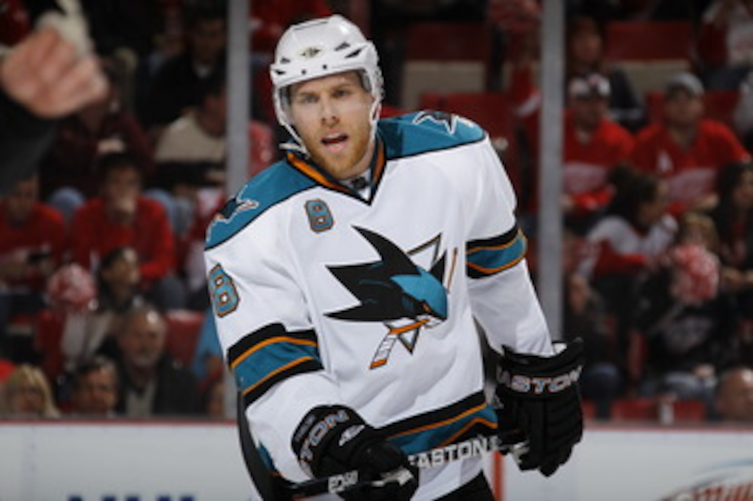 DETROIT - MAY 6: Joe Pavelski #8 of the San Jose Sharks skates against the Detroit Red Wings in Game Four of the Western Conference Semifinals during the 2011 NHL Stanley Cup Playoffs on May 6, 2011 at Joe Louis Arena in Detroit, Michigan. (Photo by Grego