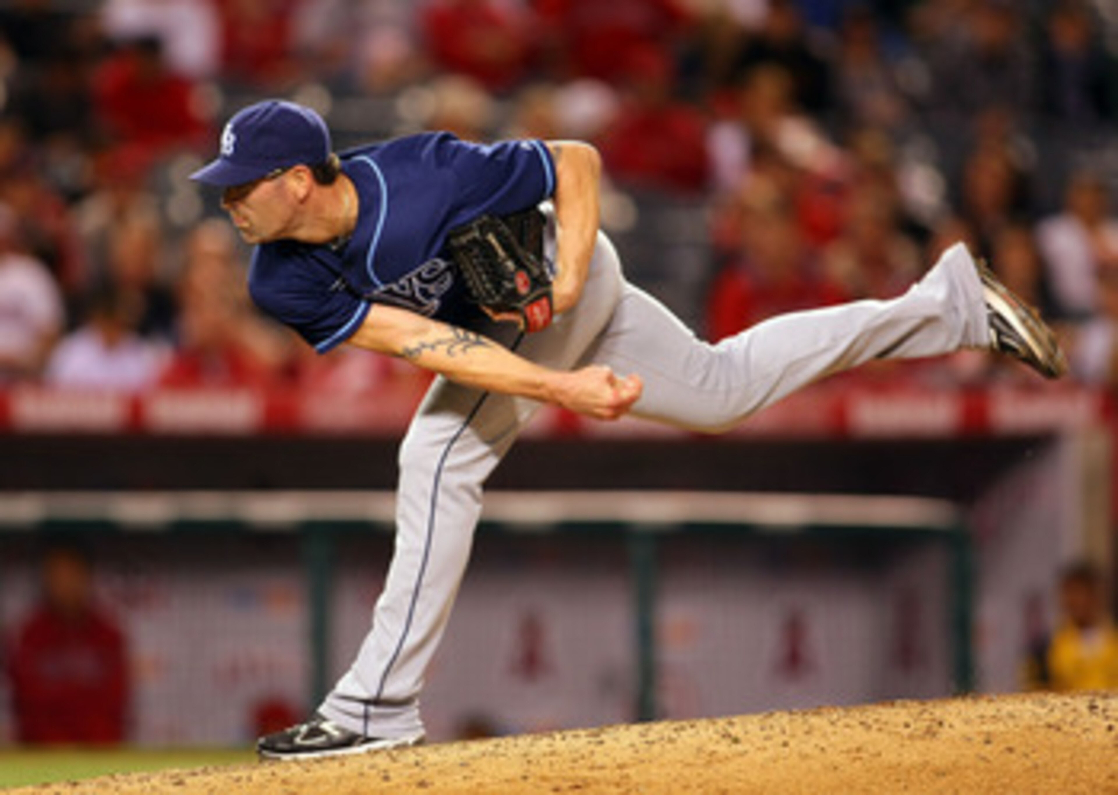 ANAHEIM, CA - JUNE 06:  Kyle Farnsworth #43 of the Tampa Bay Rays pitches in relief in the ninth inning against the Los Angeles Angels of Anaheim during their MLB game at Angel Stadium of Anaheim on June 6, 2011 in Anaheim, California. The Rays defeated t