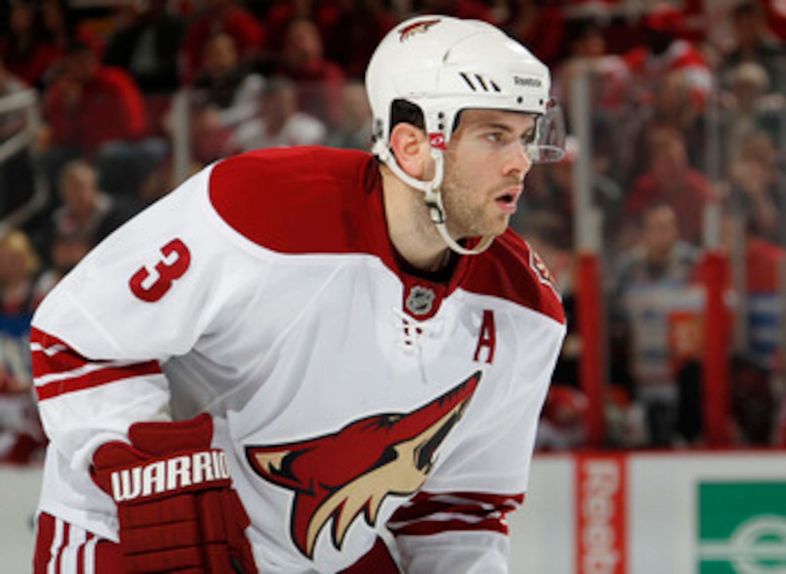 DETROIT, MI - APRIL 16: Keith Yandle #3 of the Phoenix Coyotes looks on the Detroit Red Wings in Game Two of the Western Conference Quarterfinals during the 2011 Stanley Cup Playoffs at Joe Louis Arena on April 16, 2011 in Detroit, Michigan.  (Photo by Gr